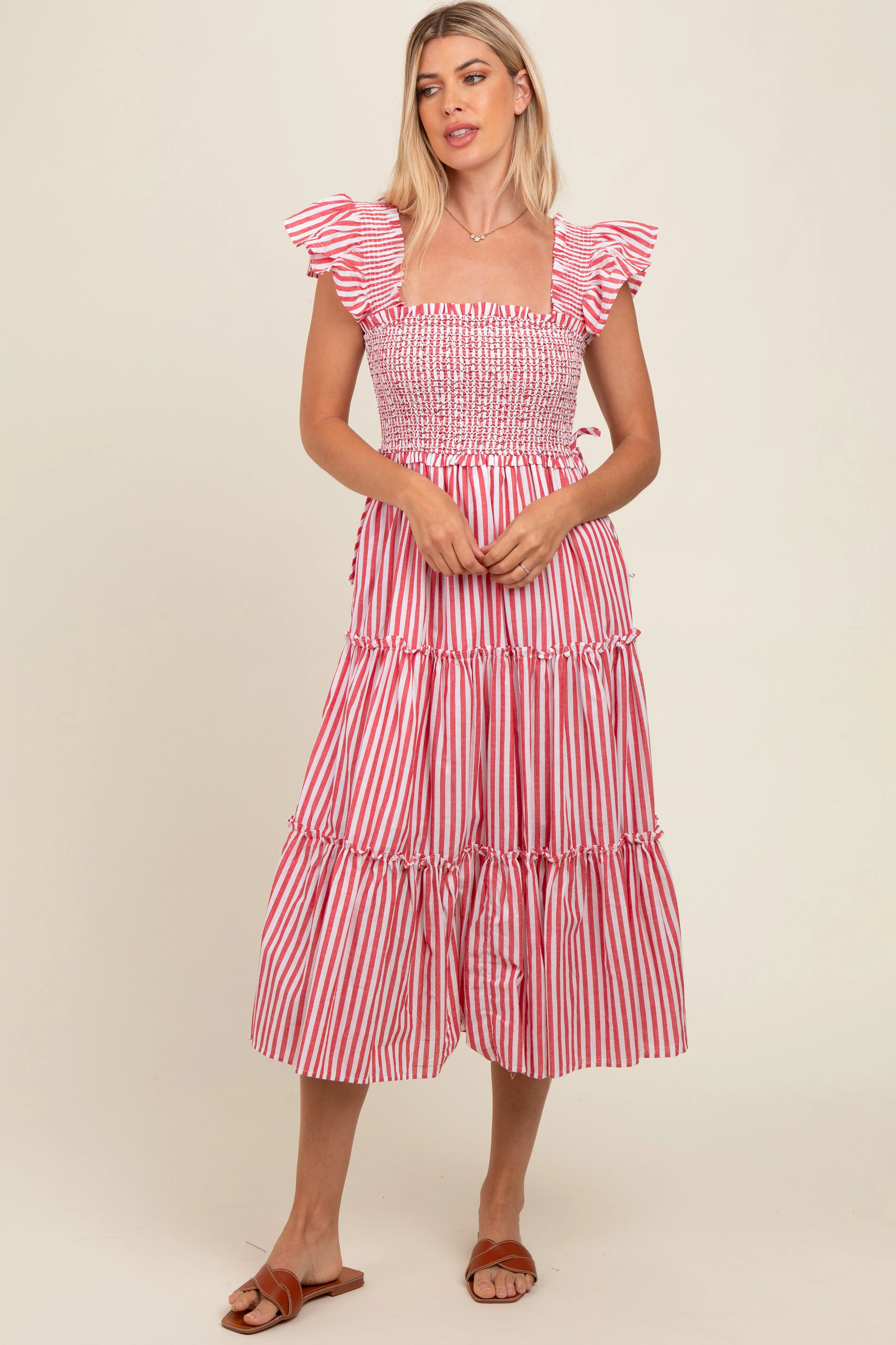 Red Striped Smocked Ruffle Tiered Midi Dress sold by Pinkblush product image thumbnail 2