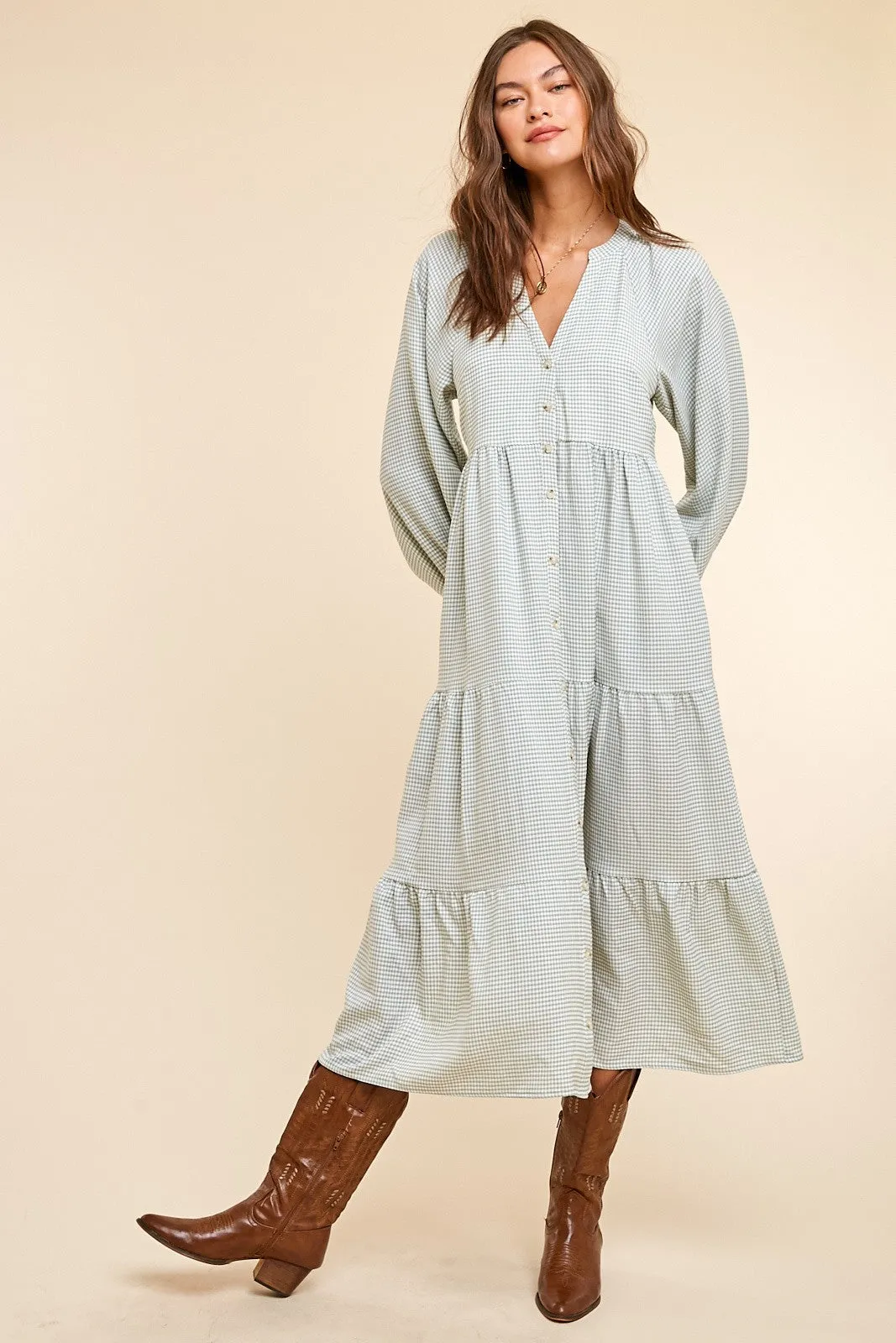 Green Gingham Print Button Down Midi Dress sold by Pinkblush