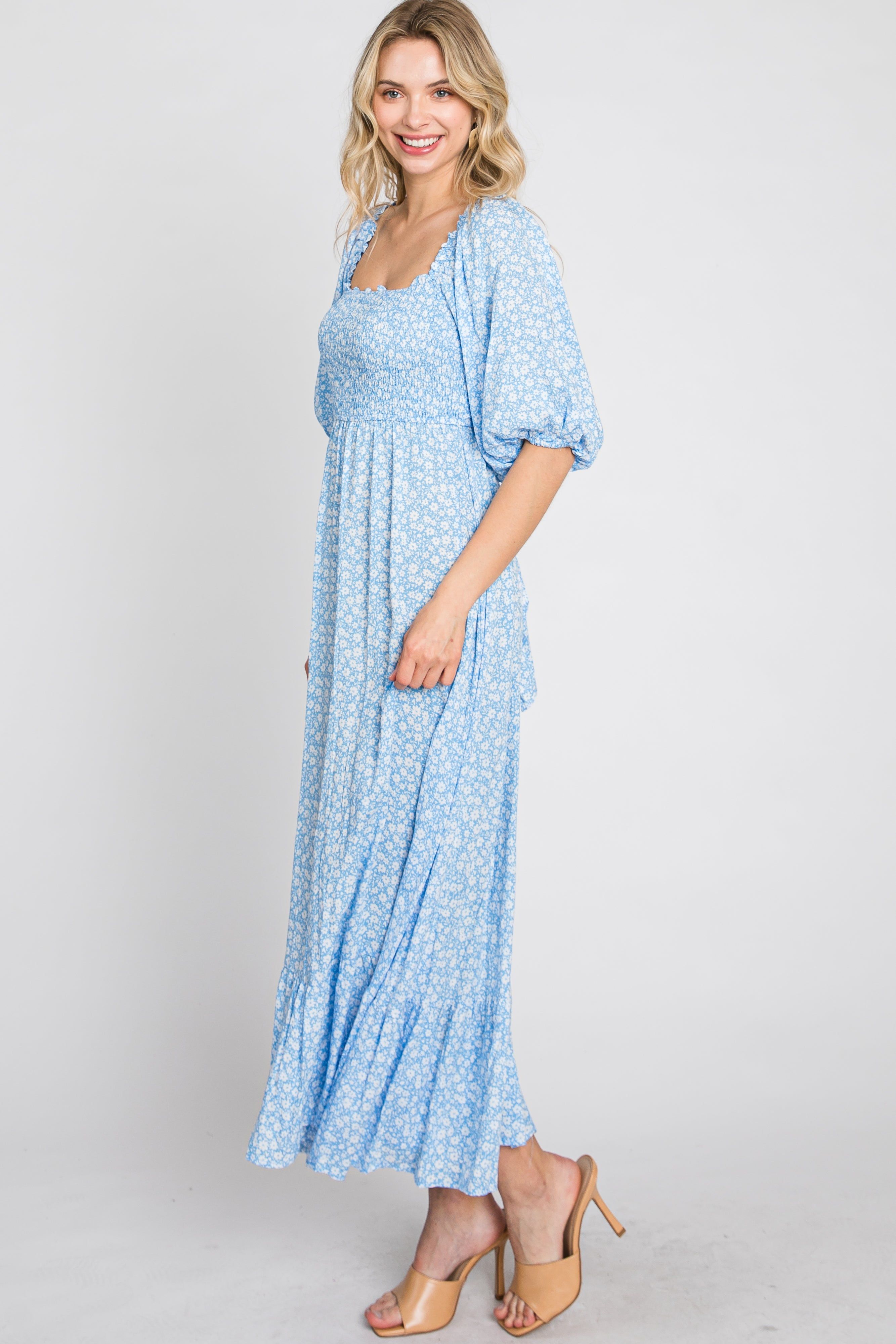 Blue Floral Smocked Maxi Dress sold by Pinkblush product image thumbnail 5