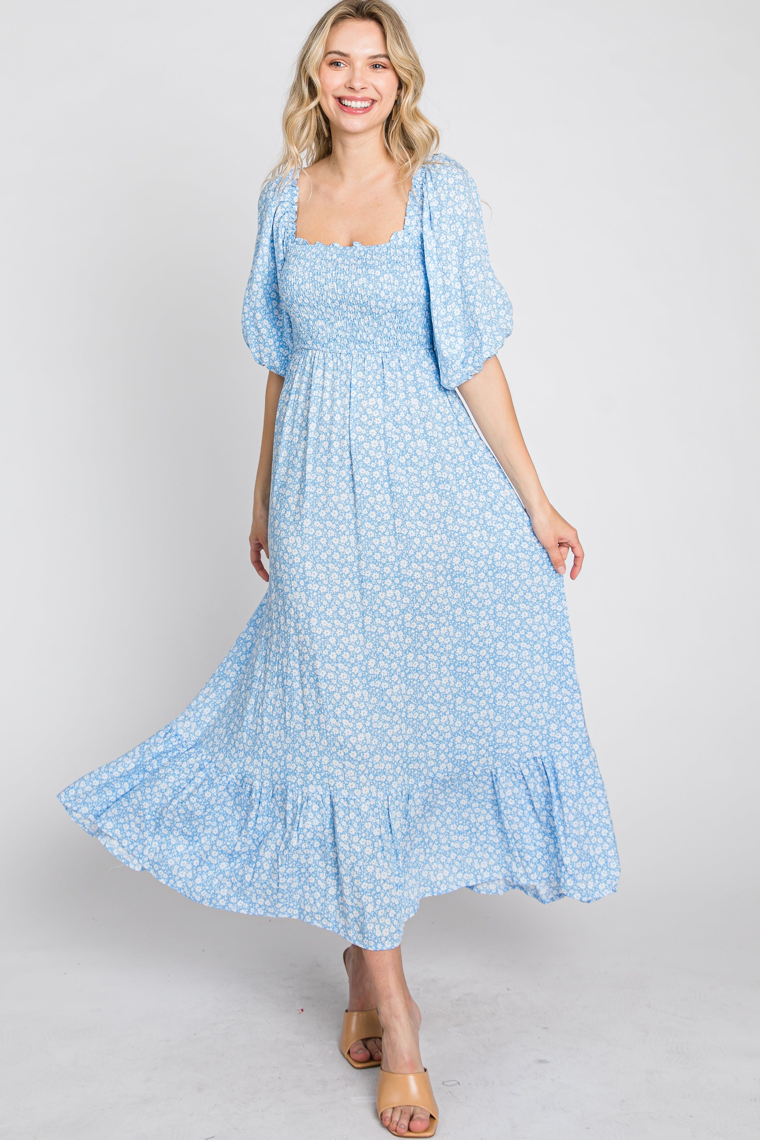 Blue Floral Smocked Maxi Dress sold by Pinkblush product image thumbnail 2