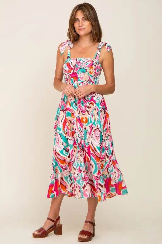 Emerald Green Printed Smocked Shoulder Tie Midi Dress sold by Pinkblush