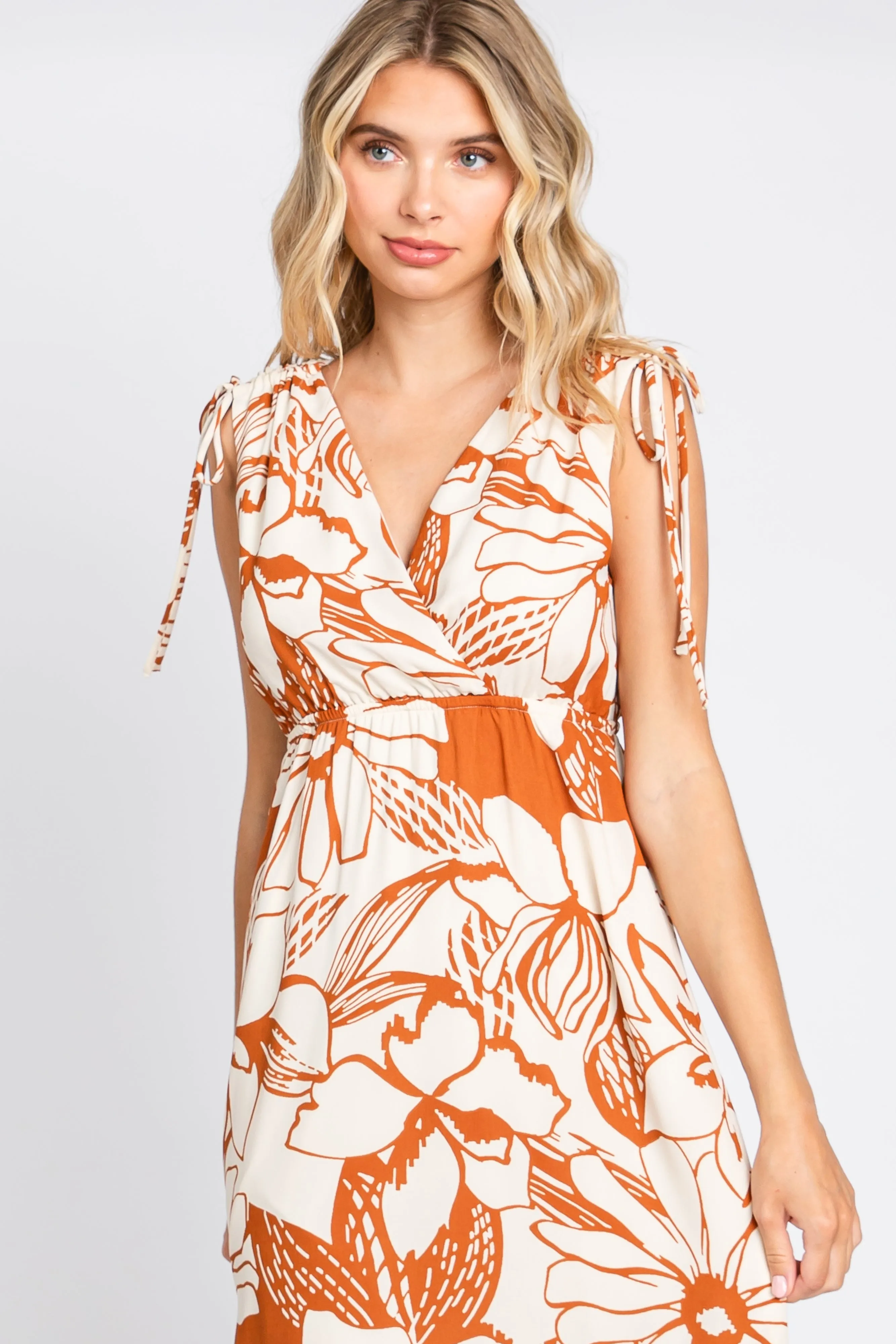Rust Floral Shoulder Tie Midi Dress sold by Pinkblush product image thumbnail 4