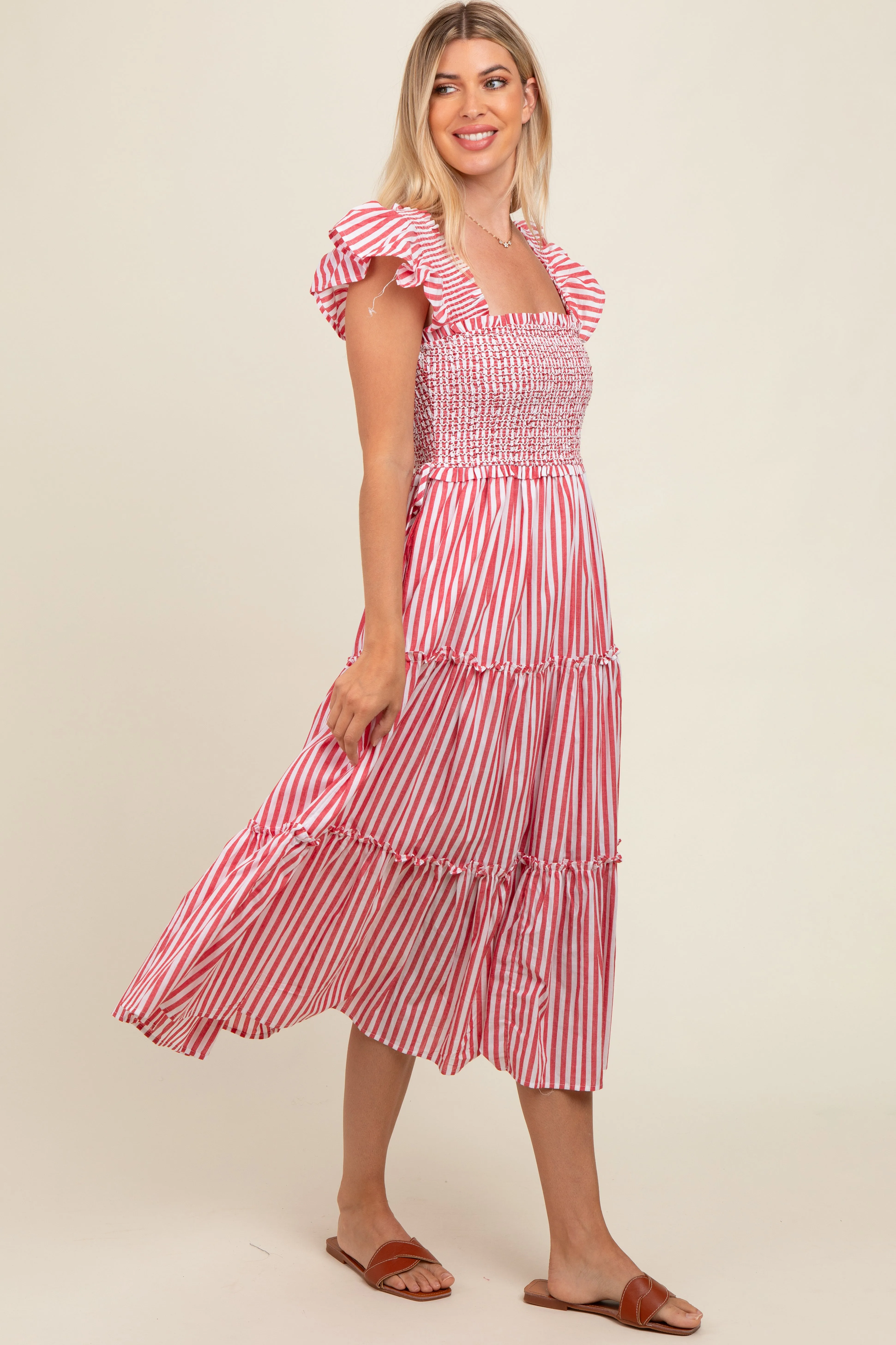 Red Striped Smocked Ruffle Tiered Midi Dress sold by Pinkblush product image thumbnail 3