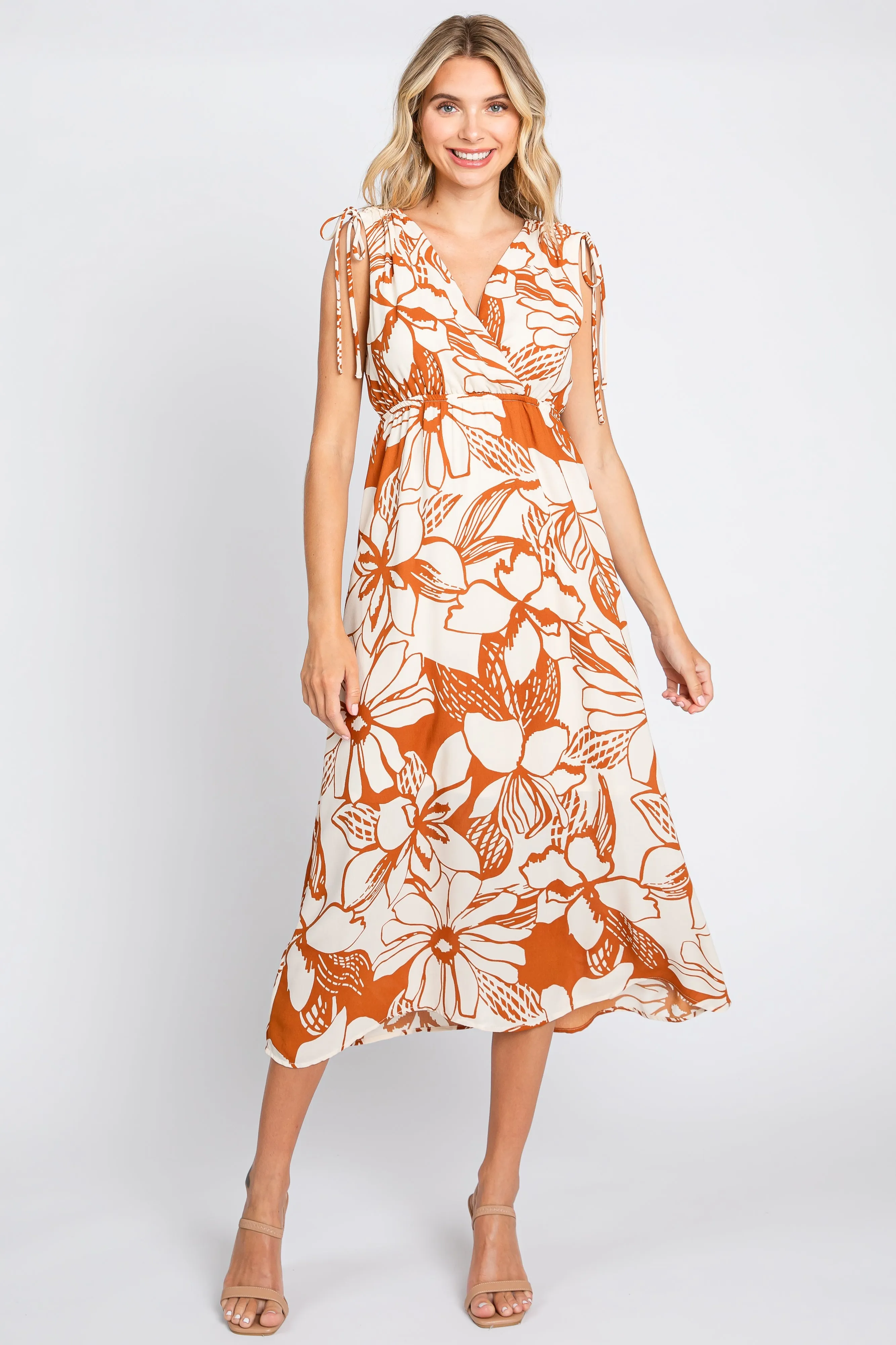 Rust Floral Shoulder Tie Midi Dress sold by Pinkblush