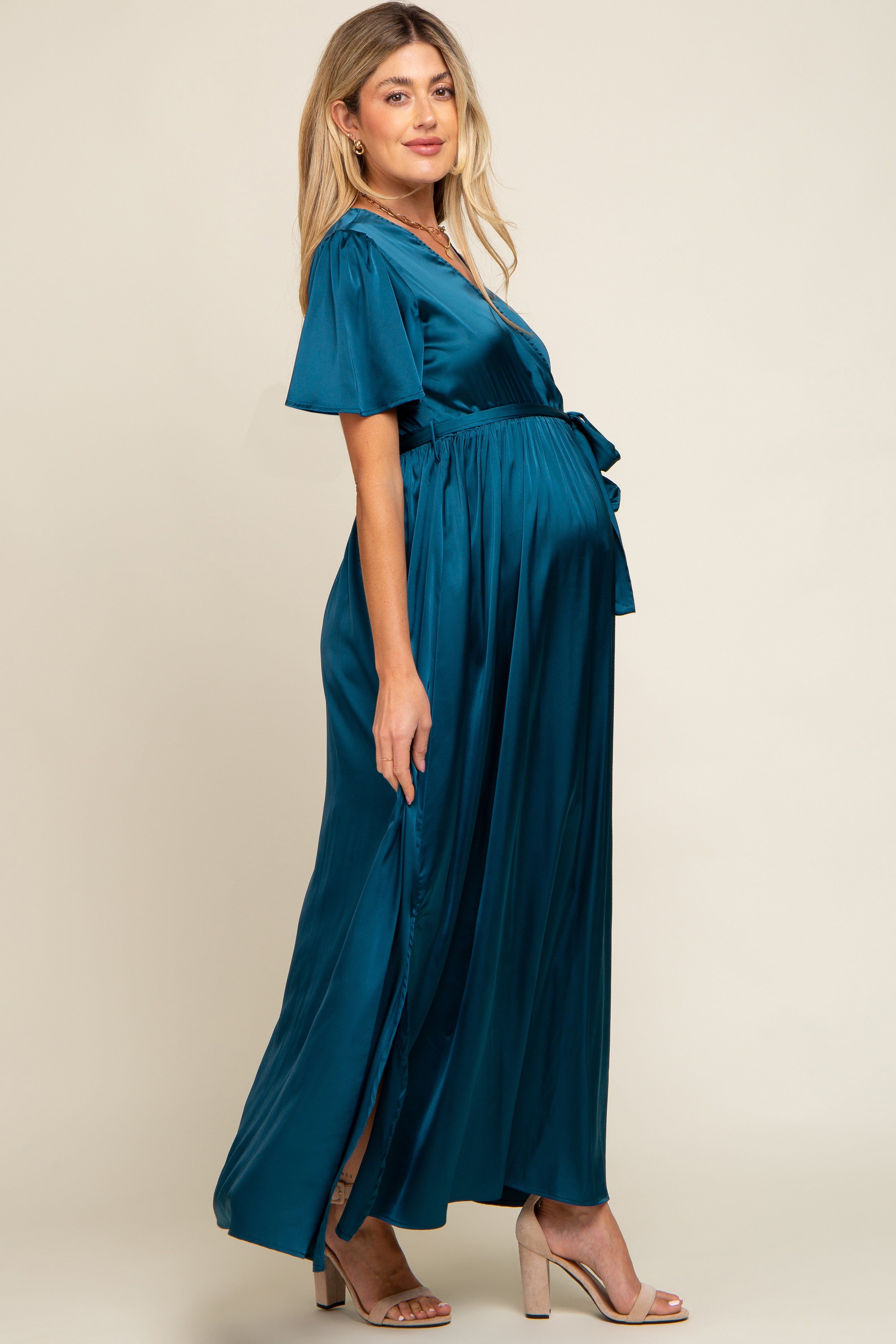 Teal Satin Wrap Maternity/Nursing Dress sold by Pinkblush product image thumbnail 2
