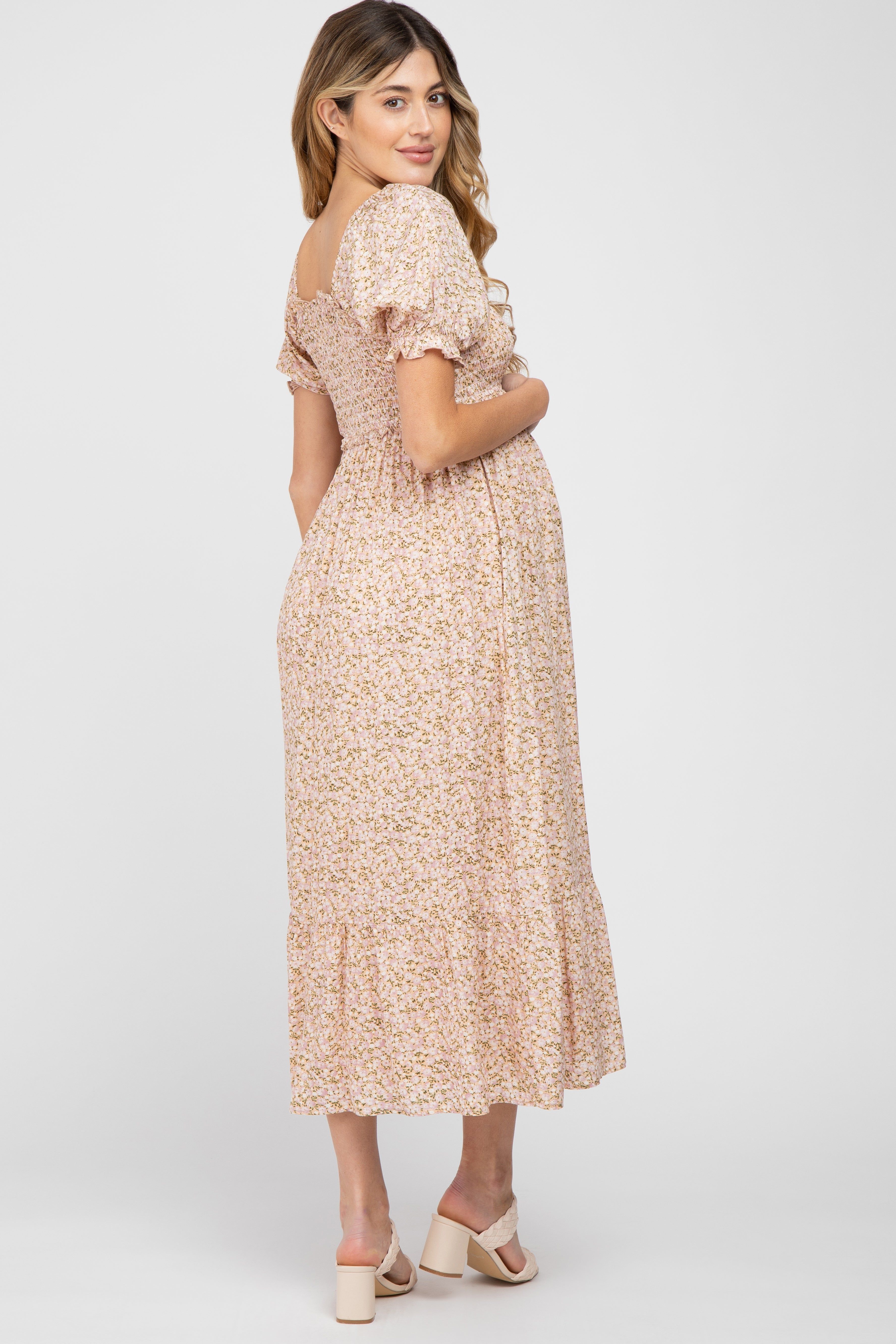 Pink Floral Sweetheart Neck Maternity Midi Dress sold by Pinkblush product image thumbnail 3