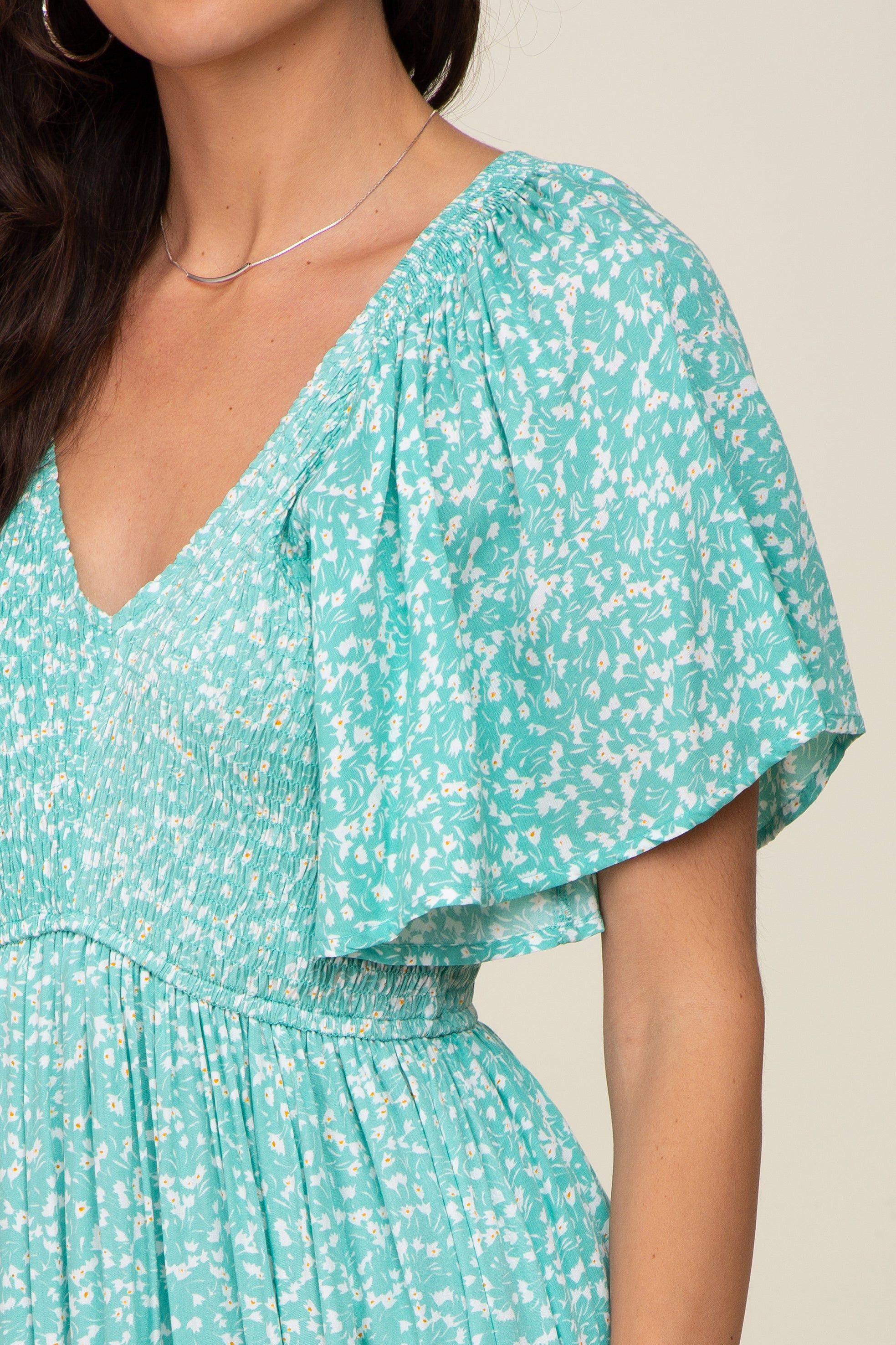 Jade Floral Smocked V-Neck Flutter Short Sleeve Midi Dress sold by Pinkblush product image thumbnail 4
