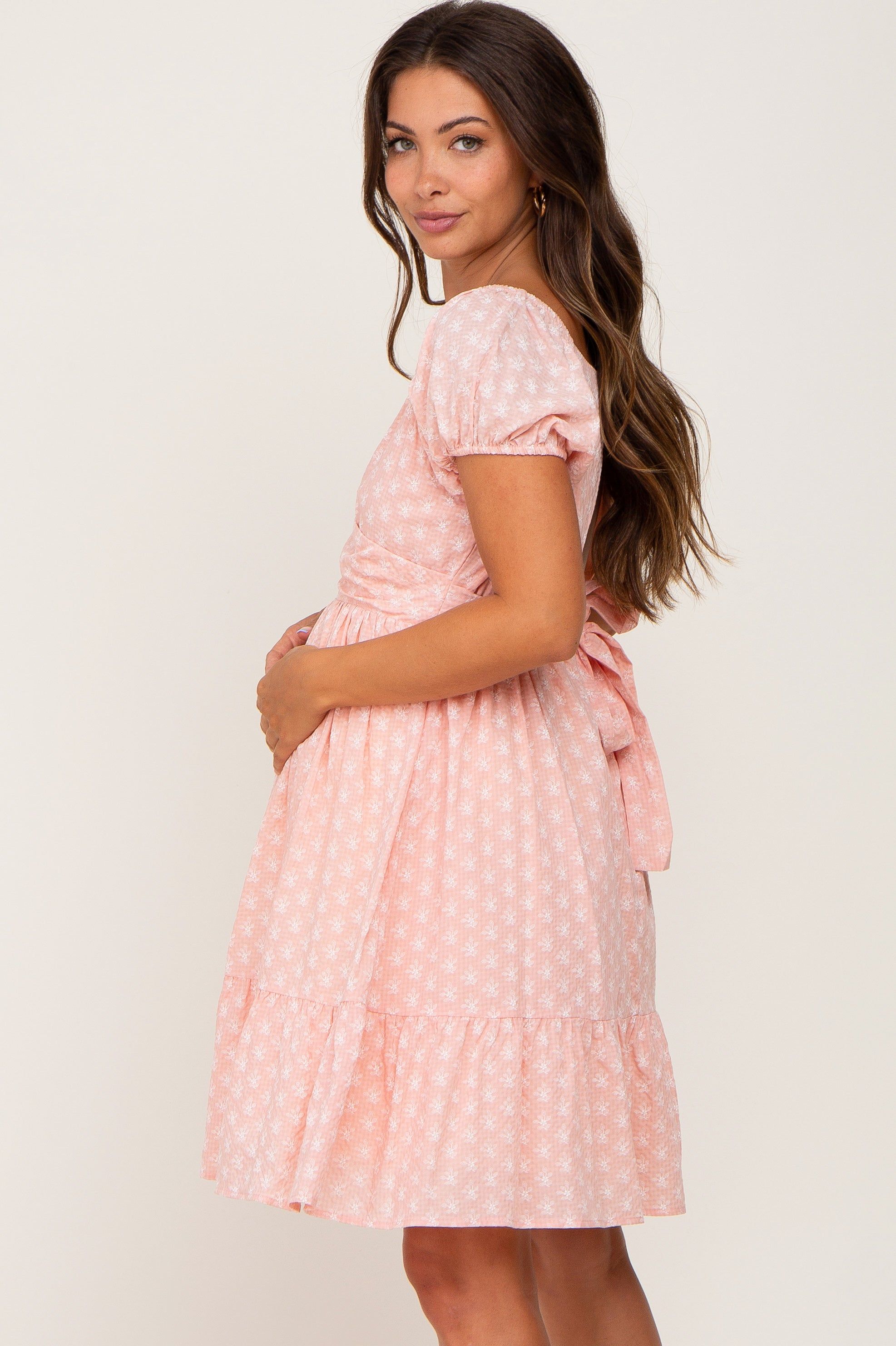 Pink Floral Wrap Puff Sleeve Maternity Dress sold by Pinkblush product image thumbnail 3