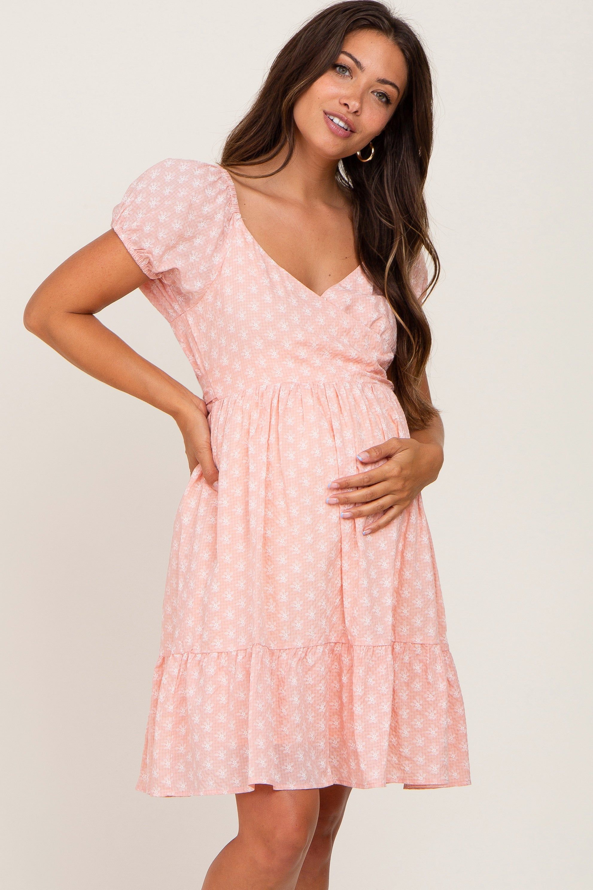 Pink Floral Wrap Puff Sleeve Maternity Dress sold by Pinkblush product image thumbnail 2