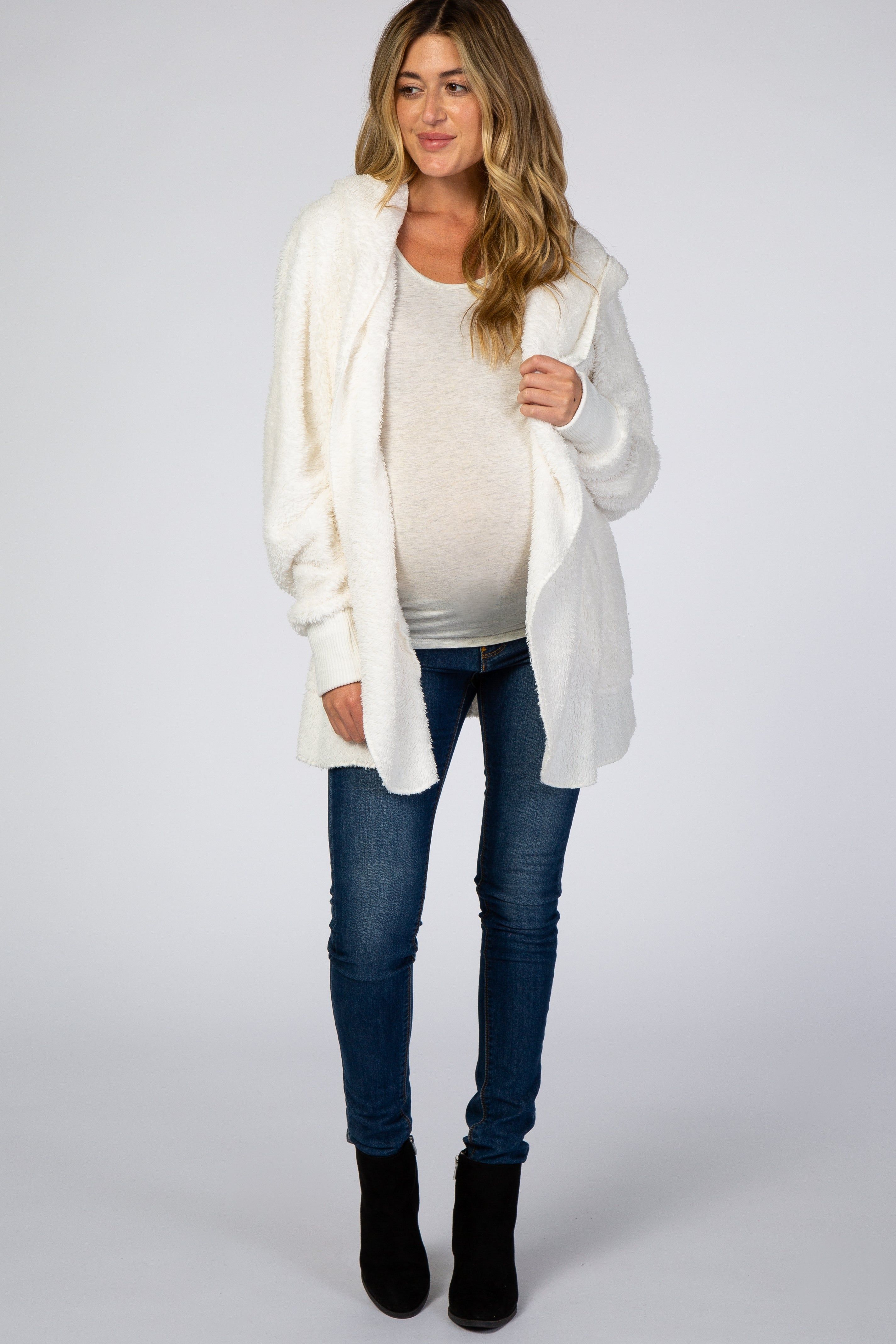 Ivory Fuzzy Hooded Long Sleeve Maternity Jacket sold by Pinkblush product image thumbnail 4