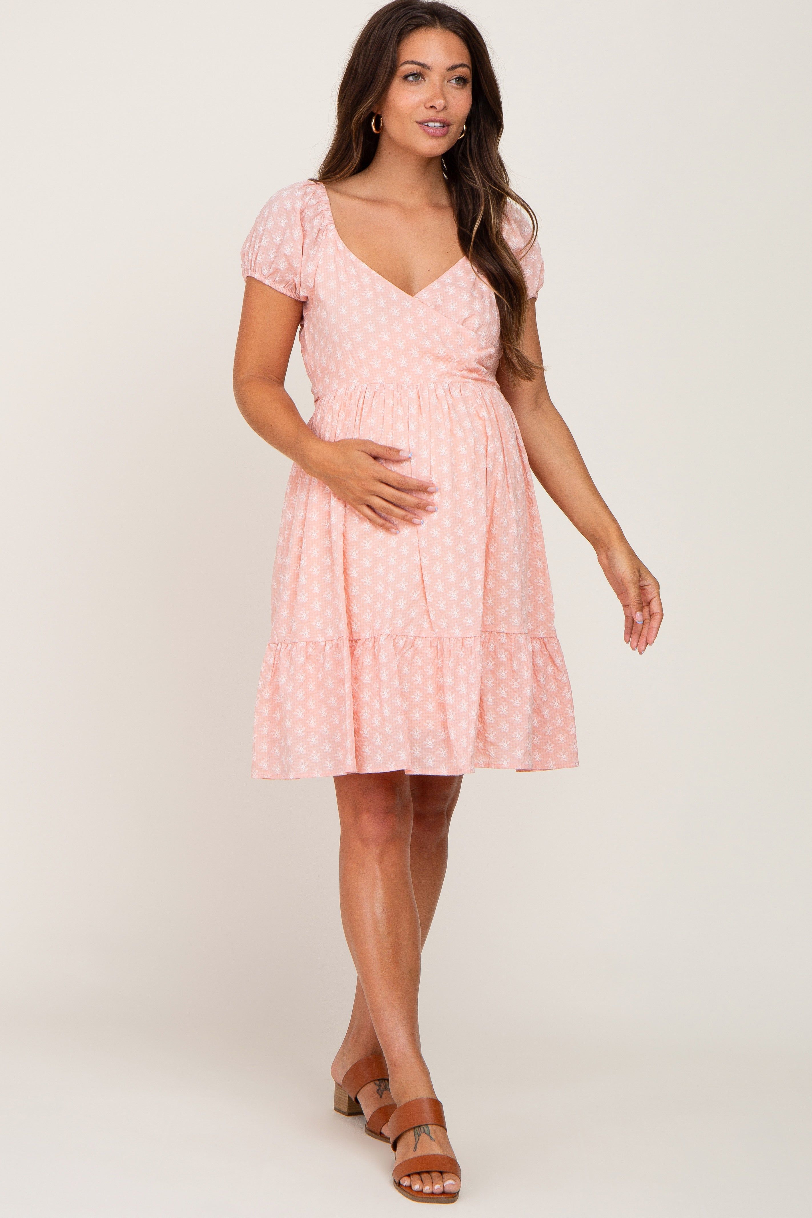 Pink Floral Wrap Puff Sleeve Maternity Dress sold by Pinkblush