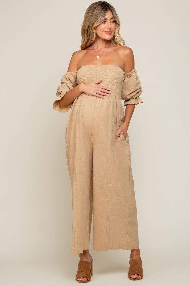 Beige Linen Smocked Off Shoulder Wide Leg Maternity Jumpsuit sold by Pinkblush product image thumbnail 5