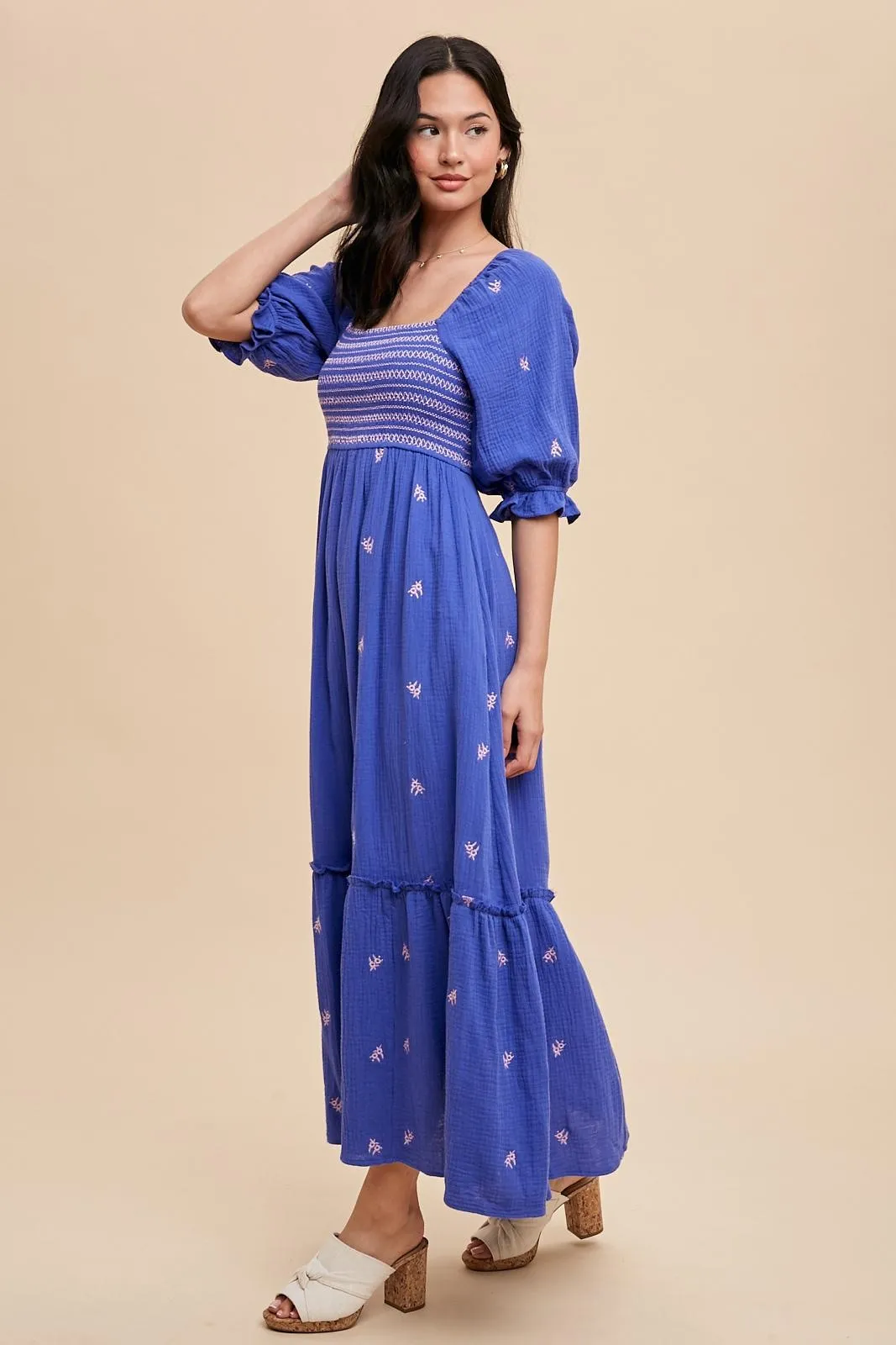 Royal Blue Gauze Smocked Embroidered Square Neck Midi Dress sold by Pinkblush product image thumbnail 2