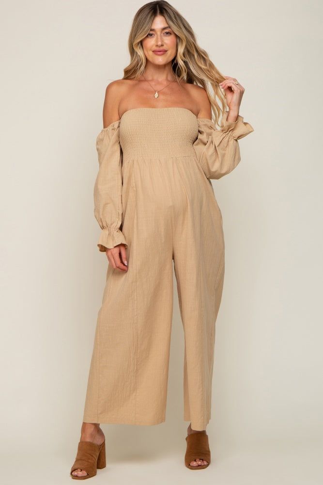 Beige Linen Smocked Off Shoulder Wide Leg Maternity Jumpsuit sold by Pinkblush product image thumbnail 2