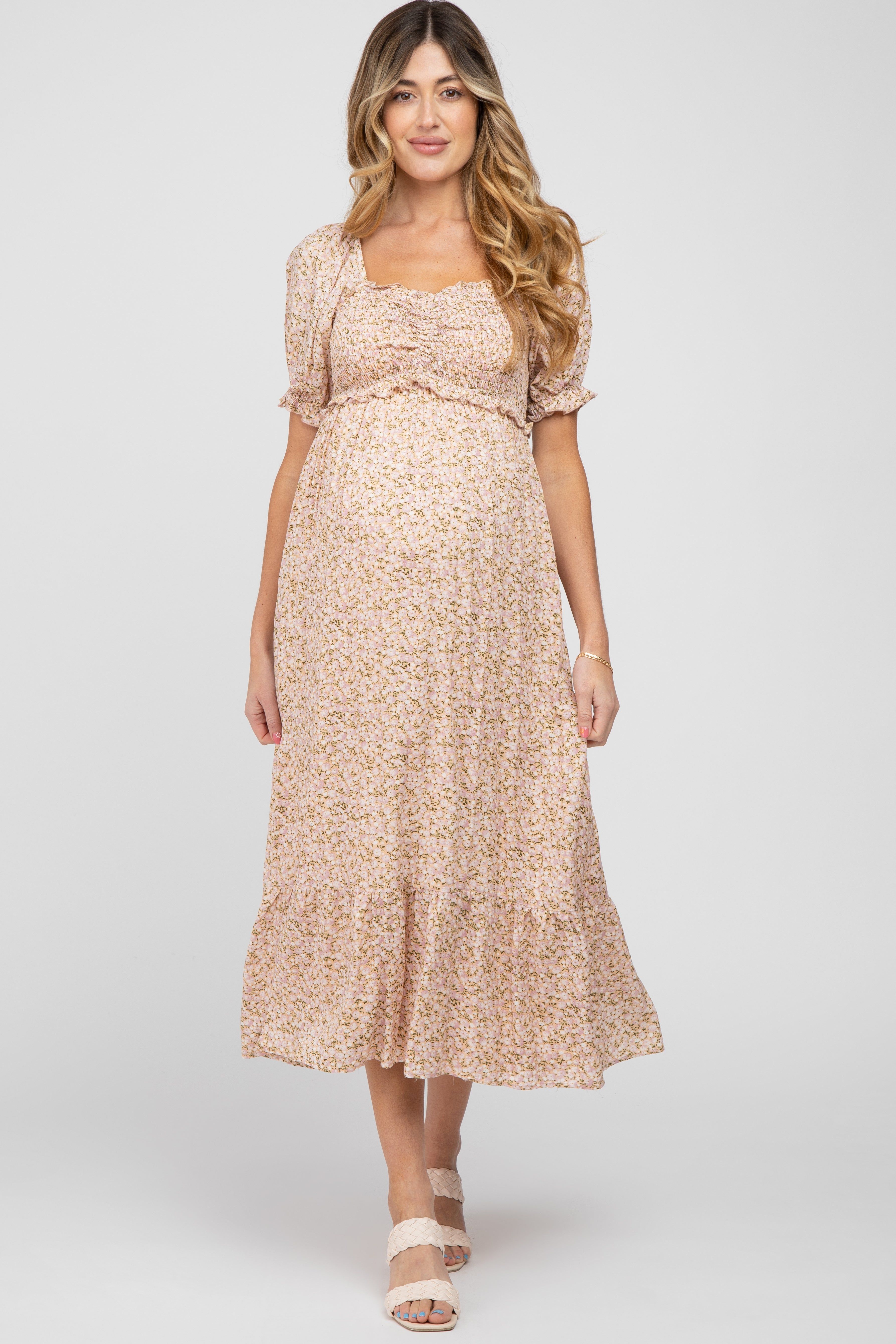 Pink Floral Sweetheart Neck Maternity Midi Dress sold by Pinkblush