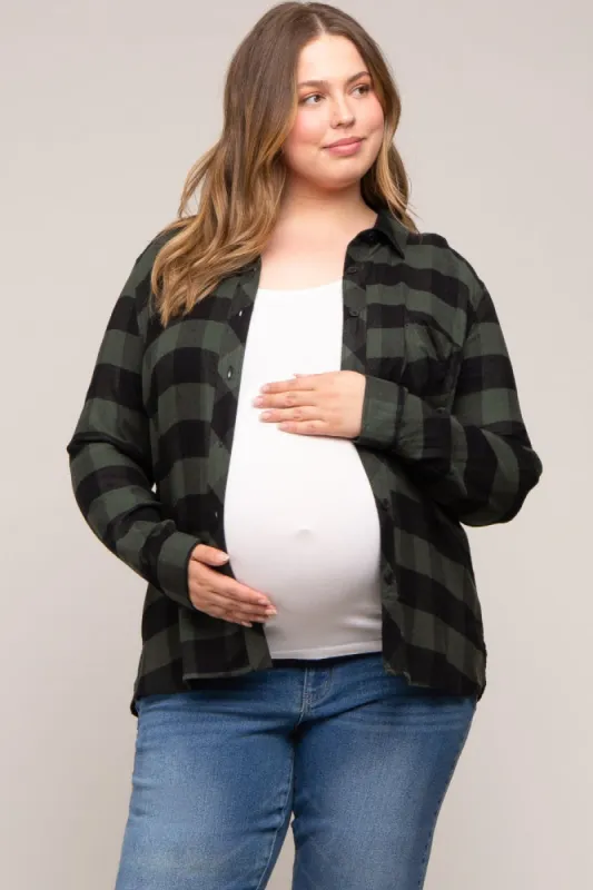 Forest Green Checkered Maternity Plus Long Sleeve Button Down Top sold by Pinkblush