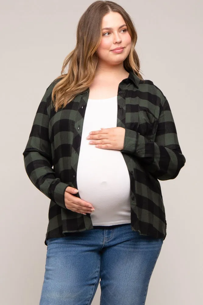 Forest Green Checkered Maternity Plus Long Sleeve Button Down Top sold by Pinkblush