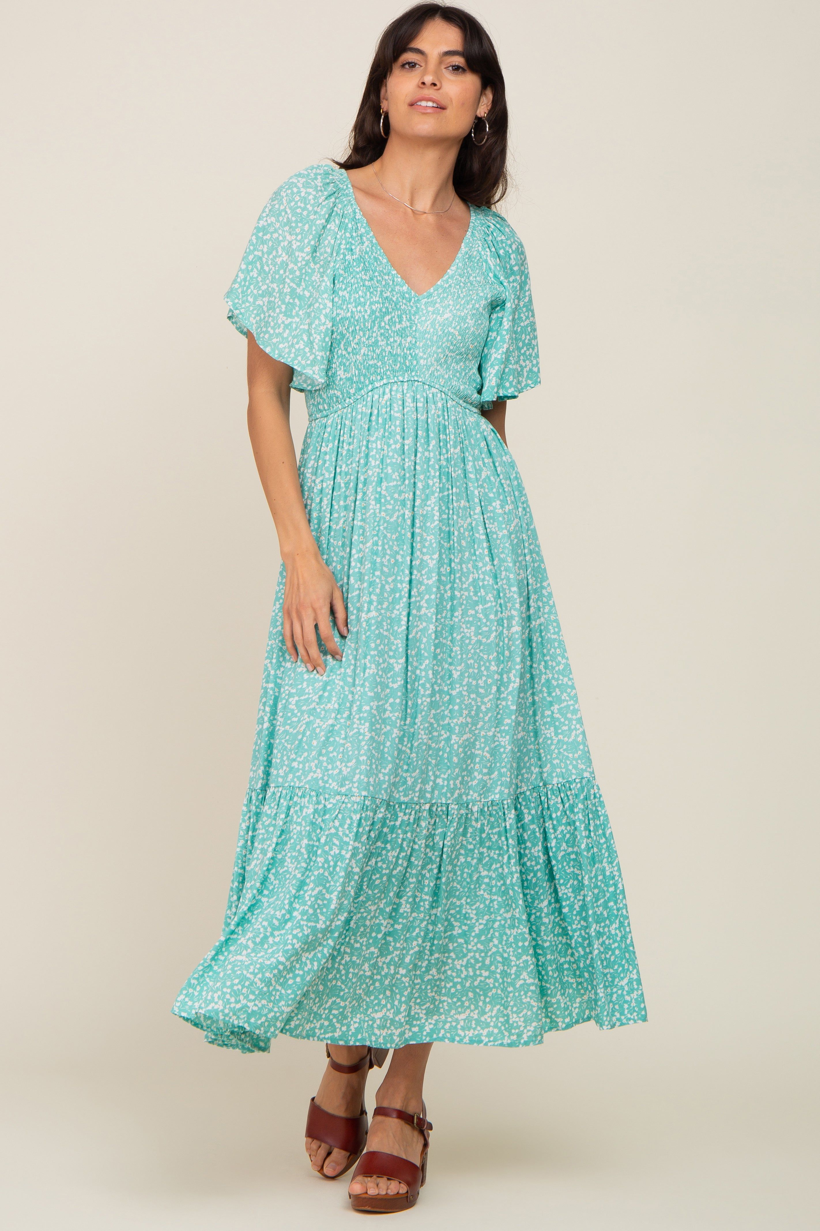 Jade Floral Smocked V-Neck Flutter Short Sleeve Midi Dress sold by Pinkblush product image thumbnail 5