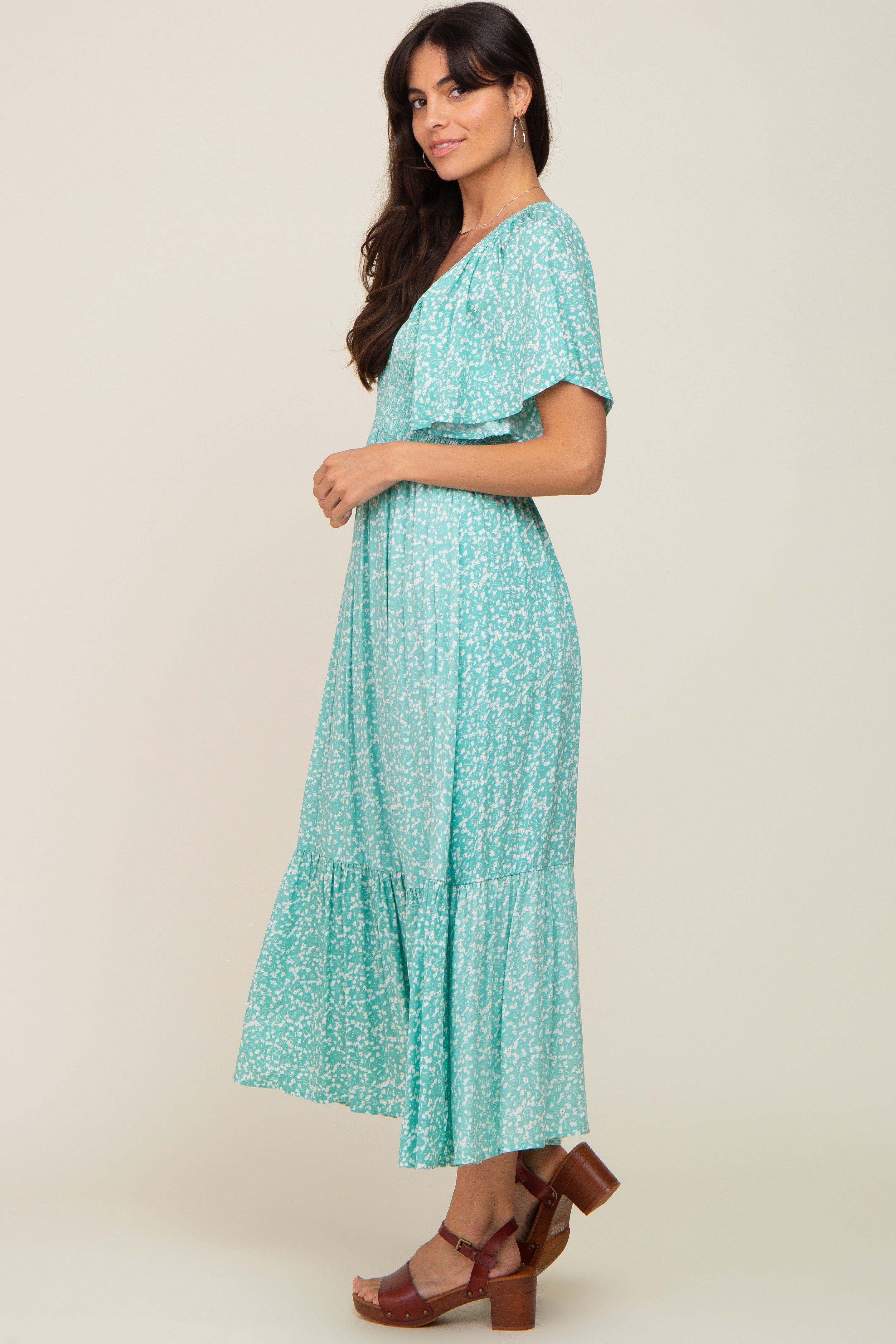 Jade Floral Smocked V-Neck Flutter Short Sleeve Midi Dress sold by Pinkblush product image thumbnail 2