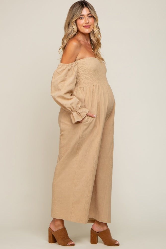 Beige Linen Smocked Off Shoulder Wide Leg Maternity Jumpsuit sold by Pinkblush product image thumbnail 3
