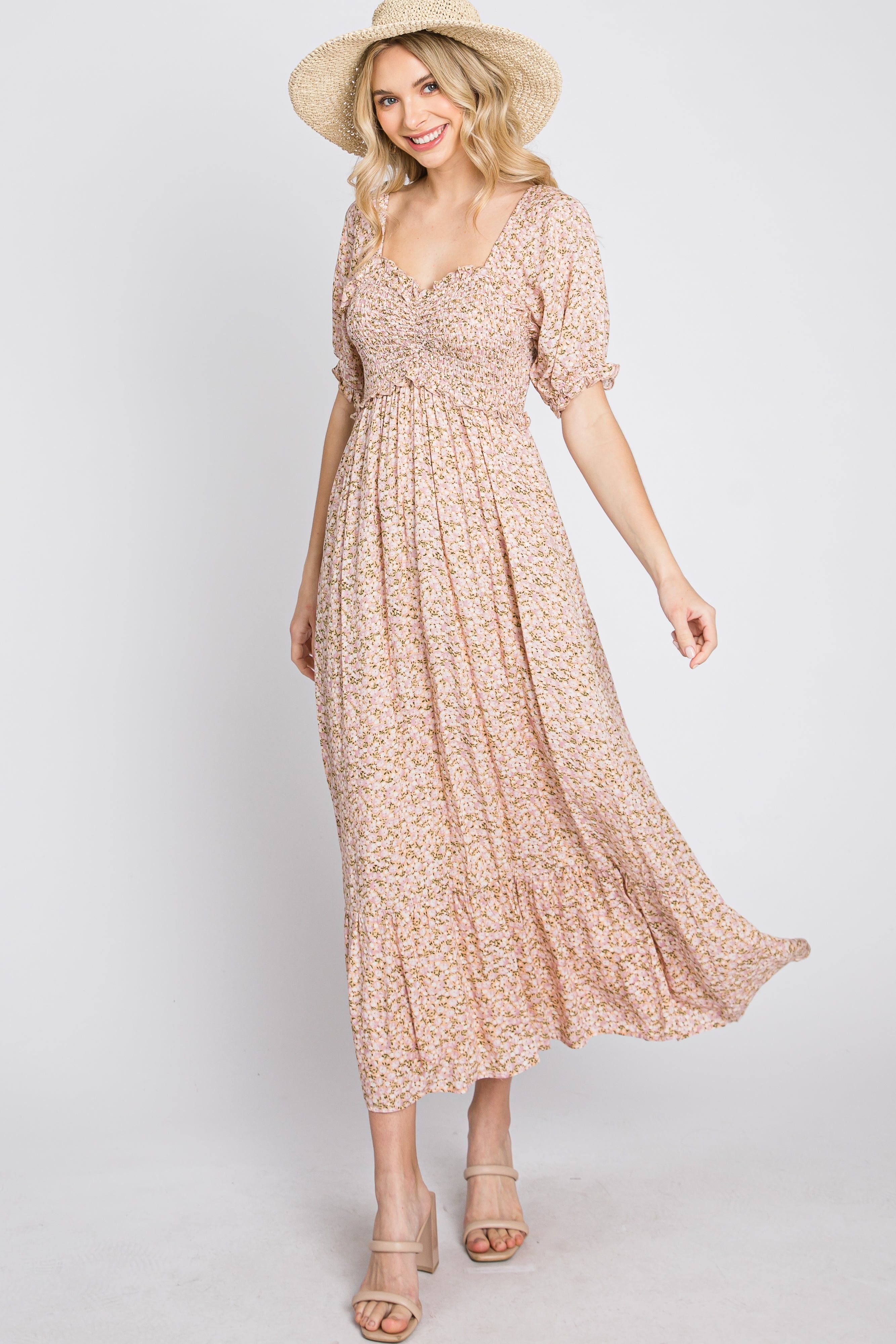 Pink Floral Sweetheart Neck Maternity Midi Dress sold by Pinkblush product image thumbnail 5