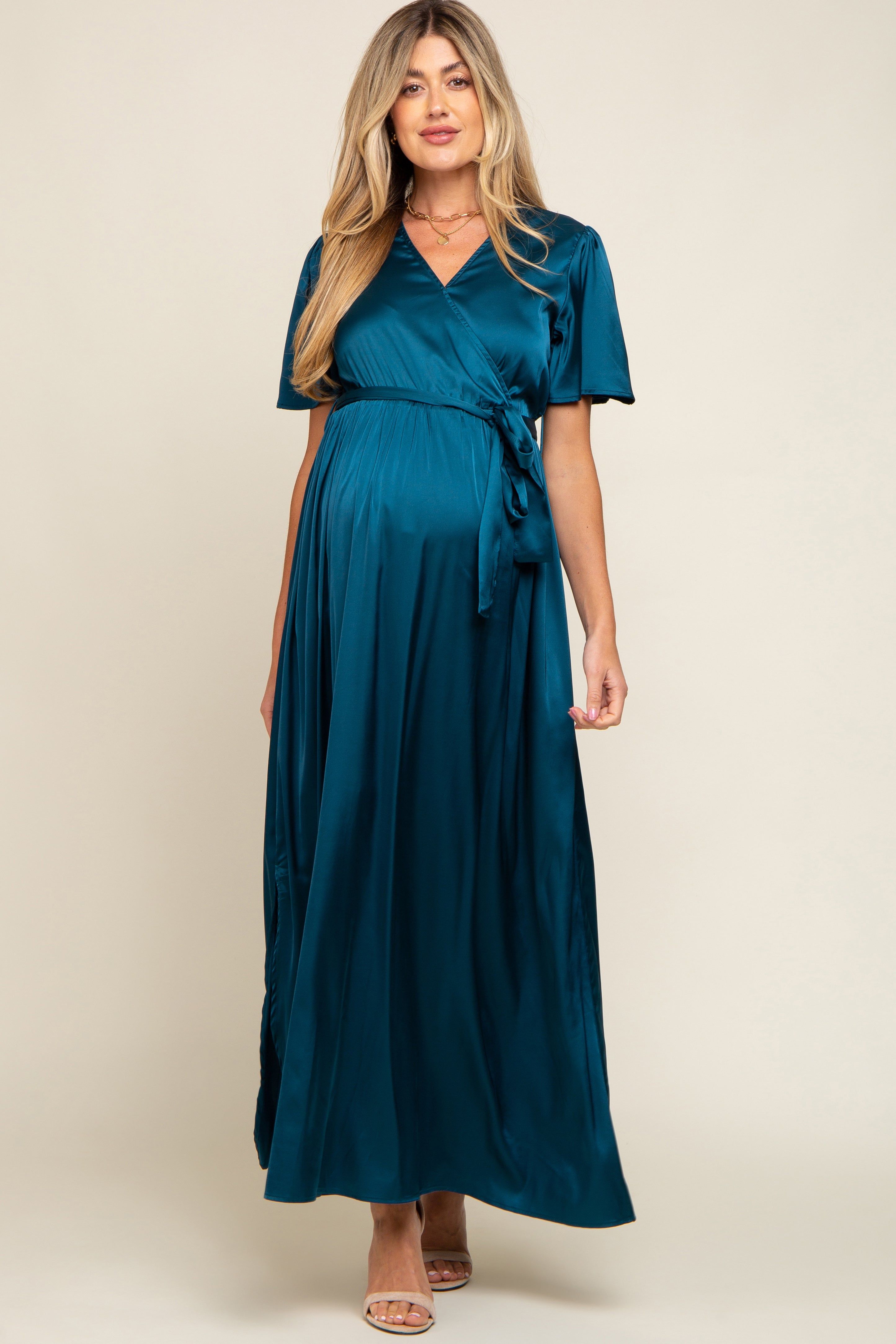 Teal Satin Wrap Maternity/Nursing Dress sold by Pinkblush