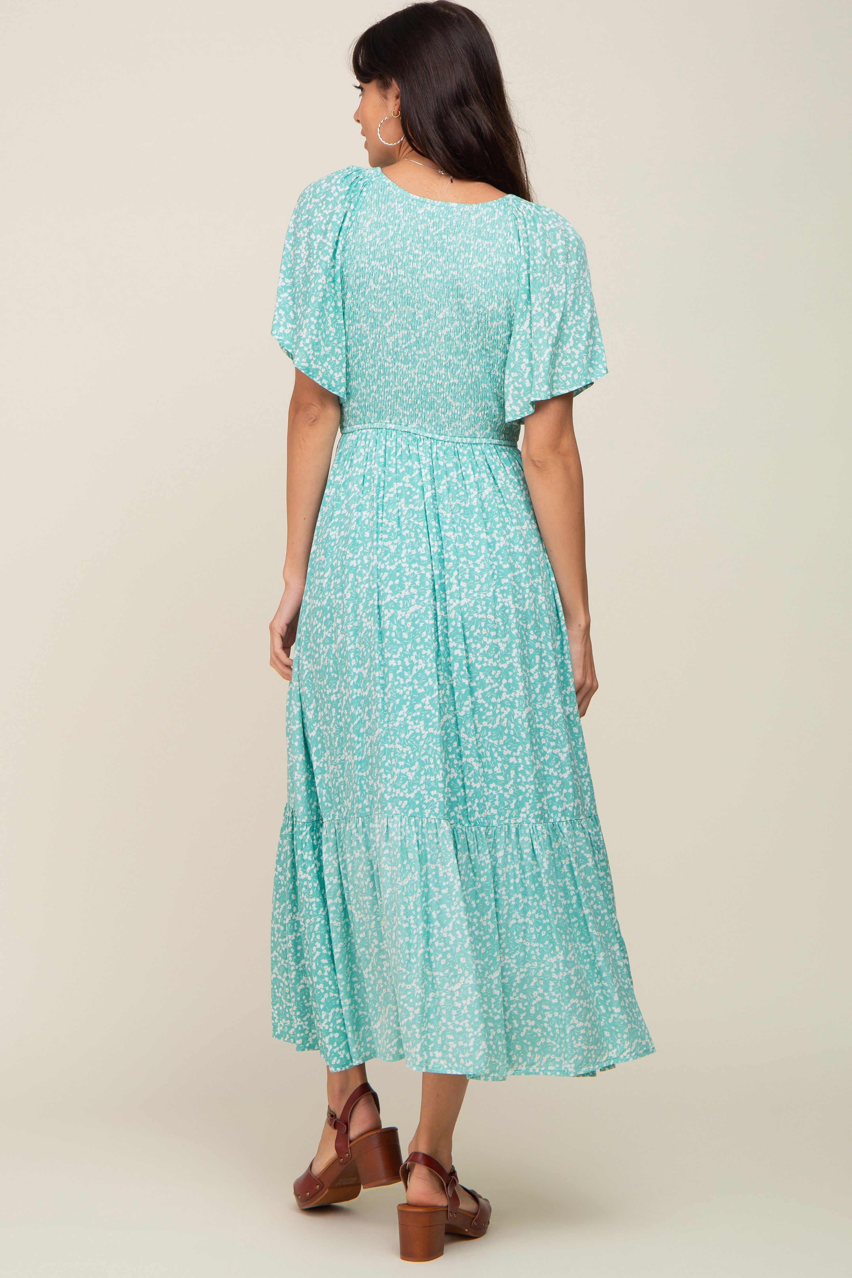 Jade Floral Smocked V-Neck Flutter Short Sleeve Midi Dress sold by Pinkblush product image thumbnail 3