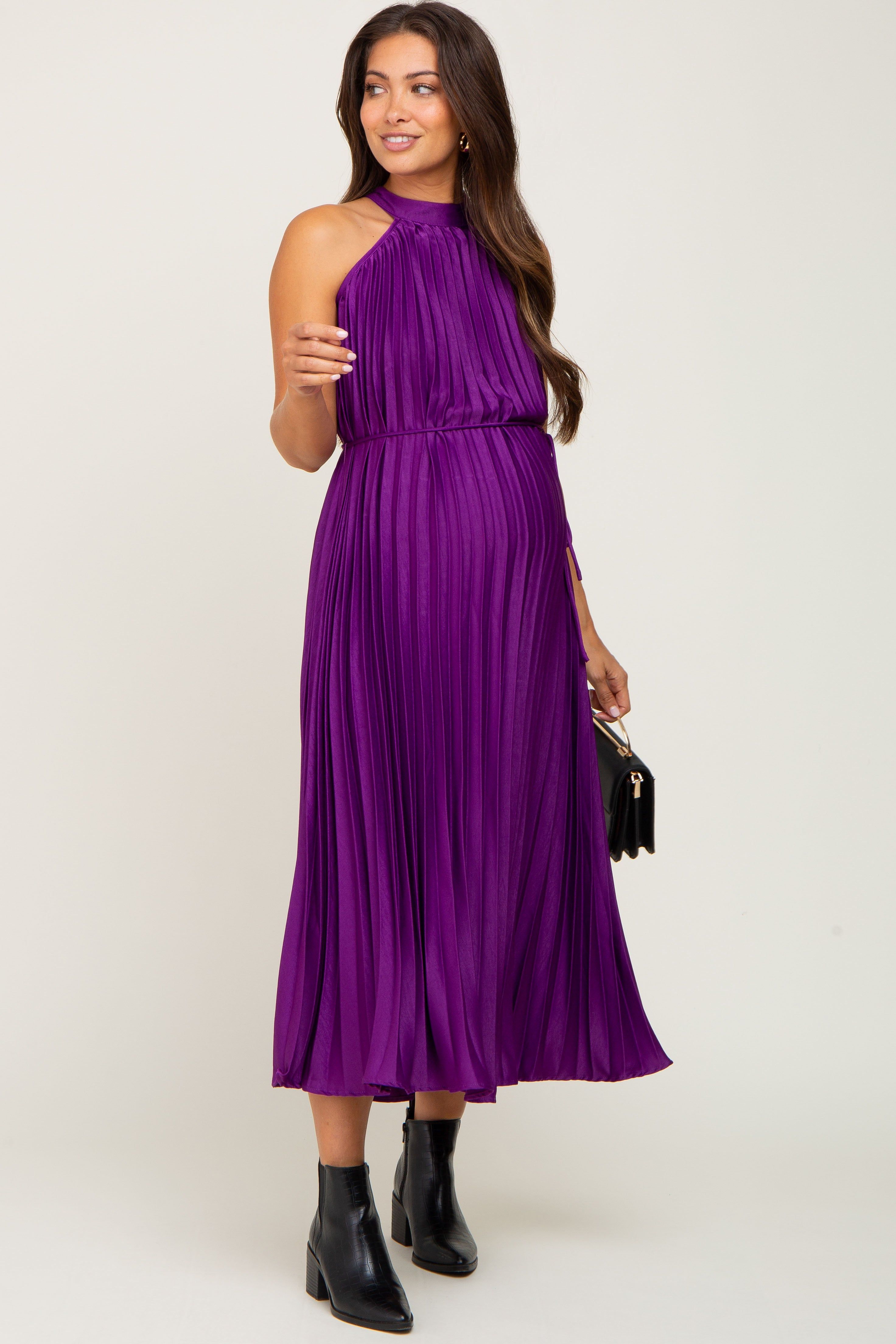 Purple Pleated Maternity Halter Dress sold by Pinkblush