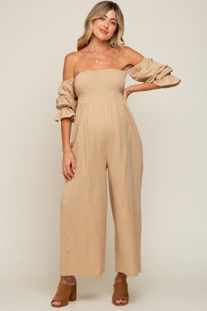 Beige Linen Smocked Off Shoulder Wide Leg Maternity Jumpsuit sold by Pinkblush