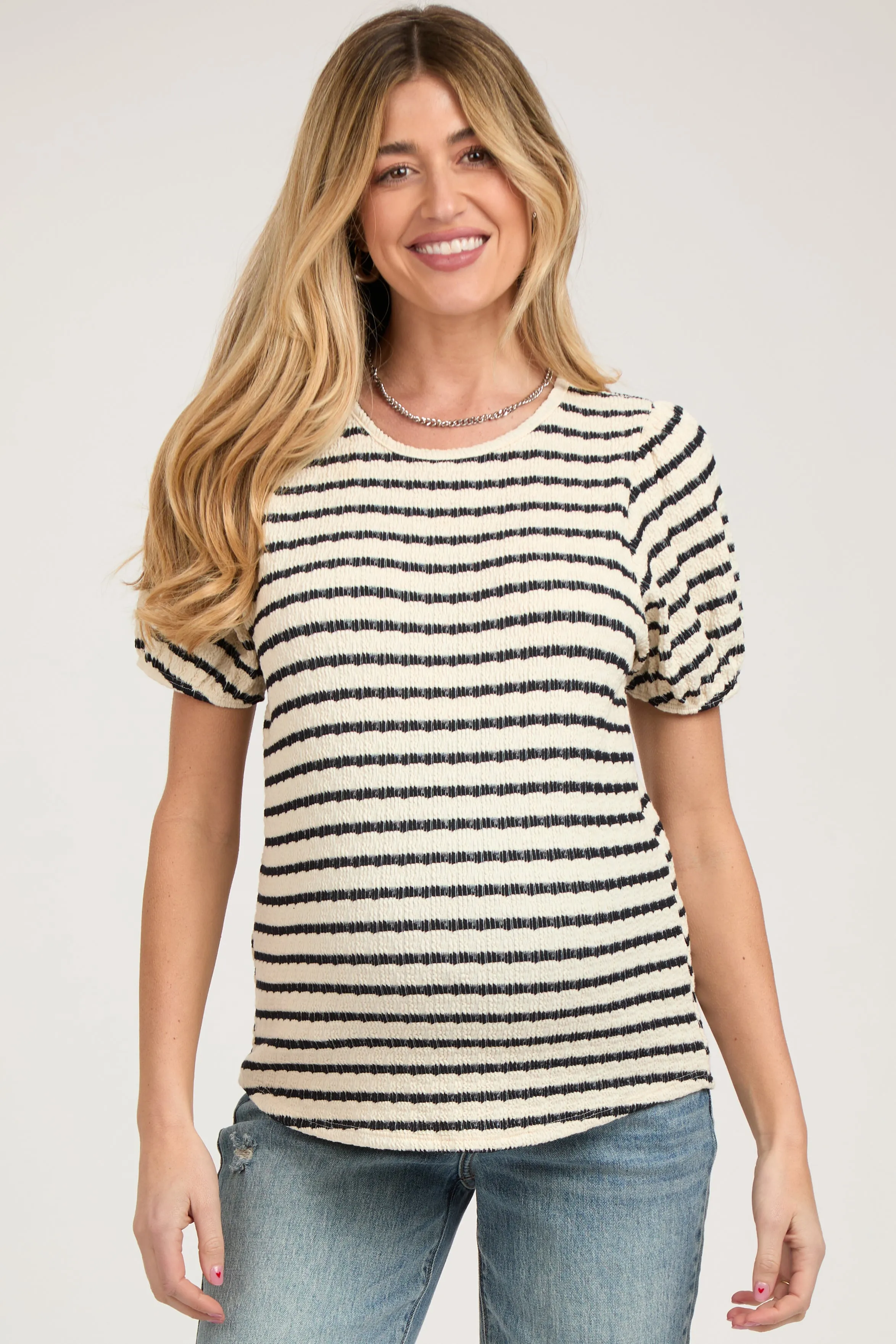 Black Striped Textured Puff Sleeve Maternity Top sold by Pinkblush