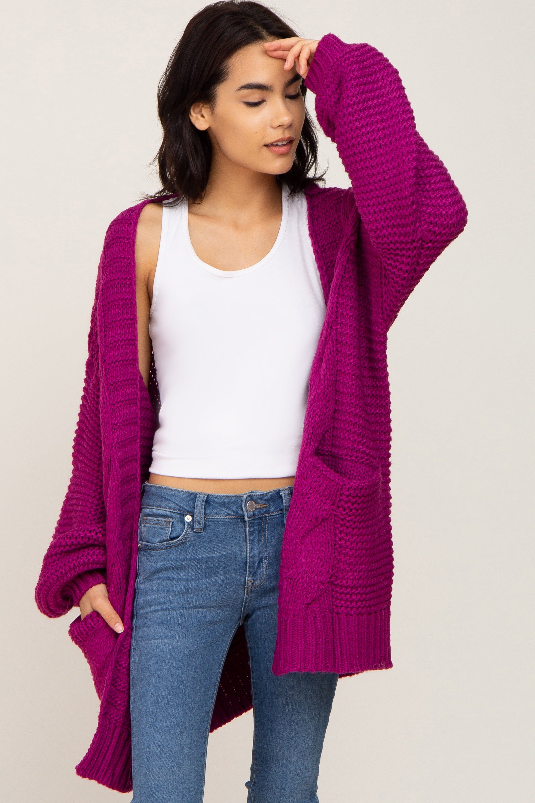 Magenta Cable Knit Front Pocket Cardigan sold by Pinkblush product image thumbnail 2