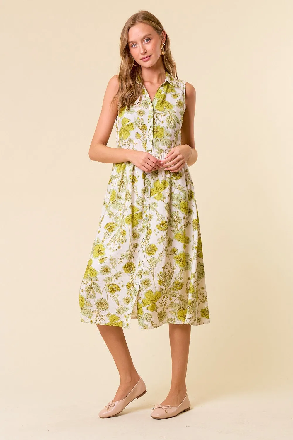 Green Floral Printed Sleeveless Midi Shirt Dress sold by Pinkblush