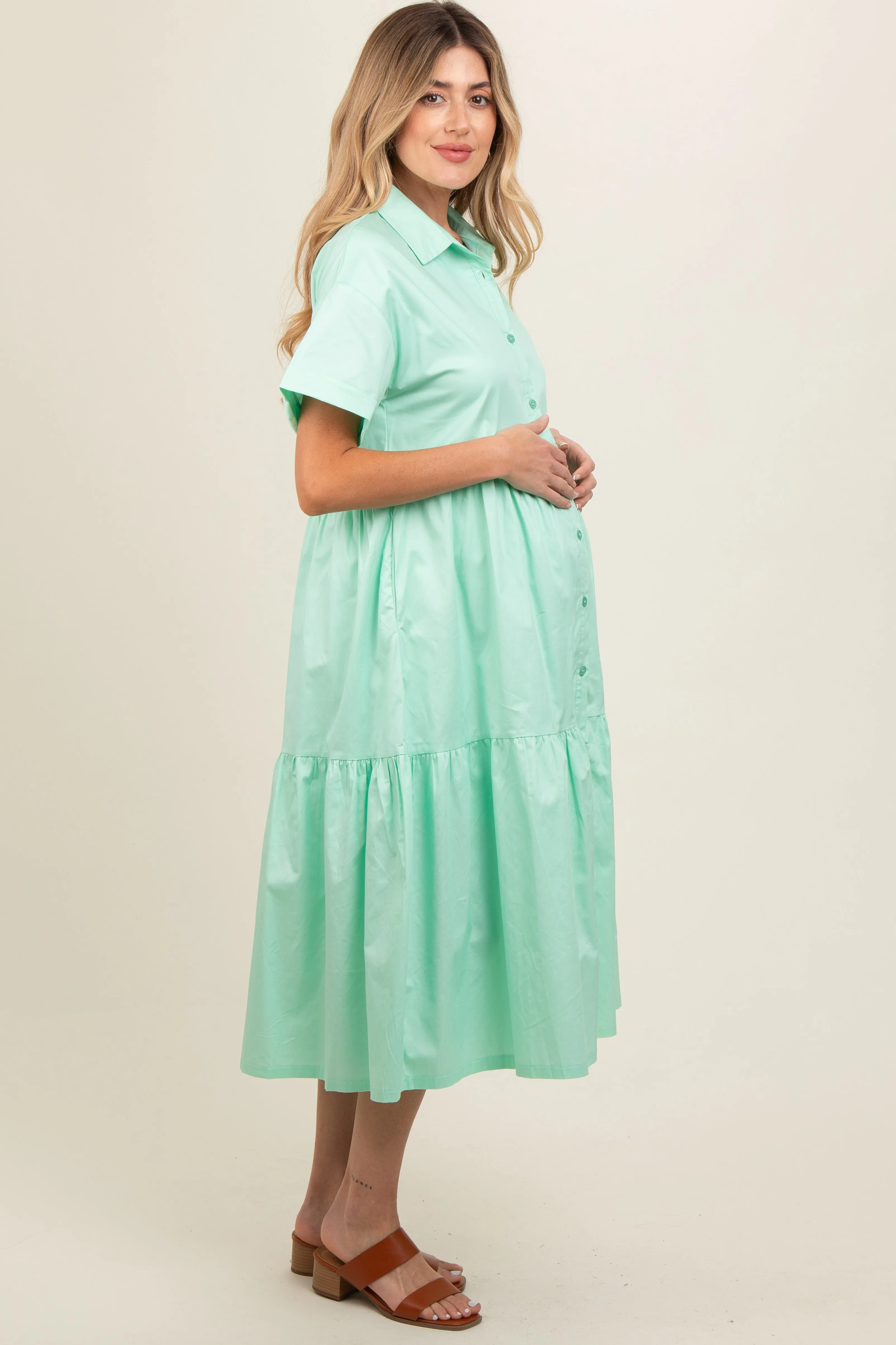 Mint Green Tiered Button Down Maternity Midi Dress sold by Pinkblush product image thumbnail 2