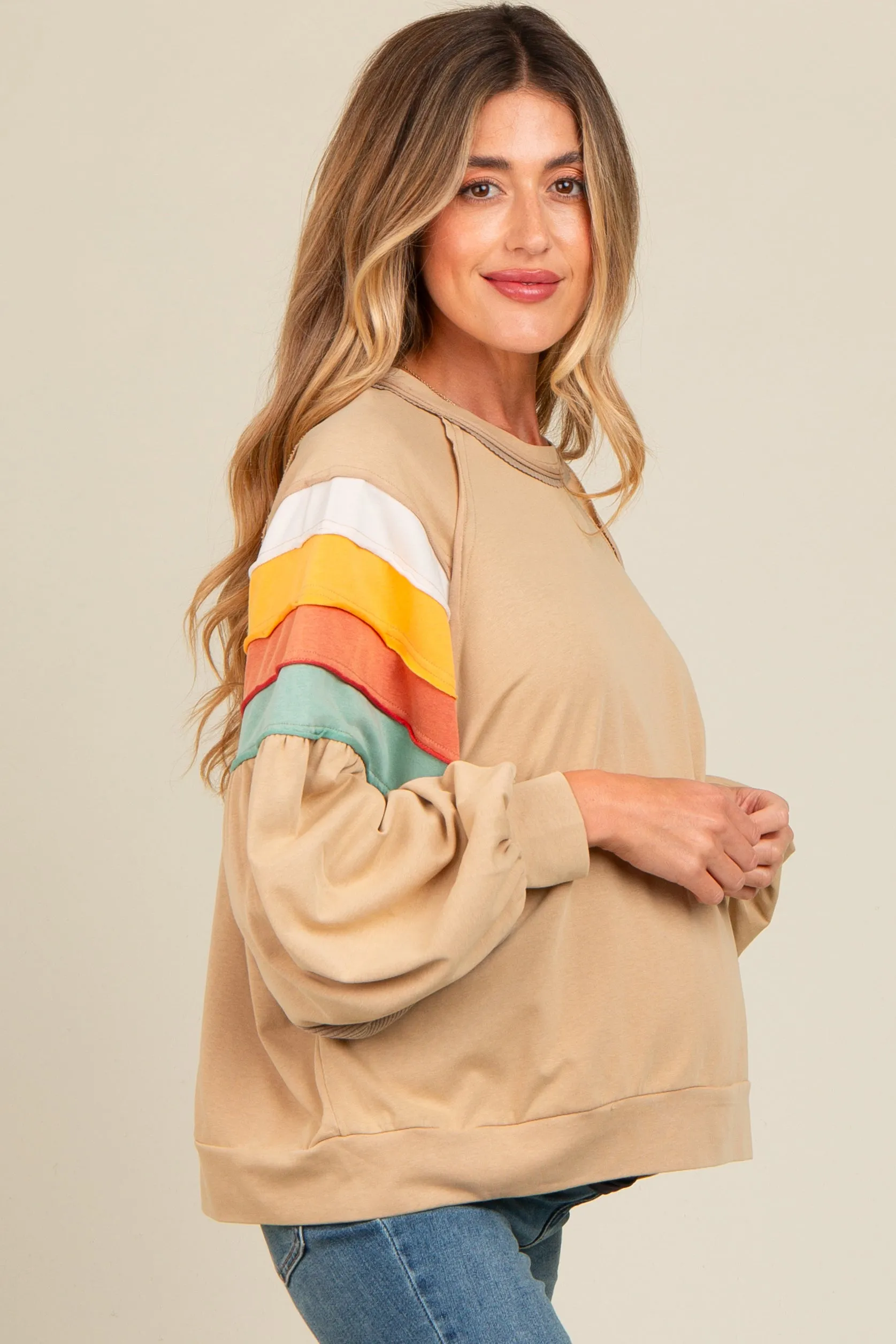 Beige Colorblock Bubble Sleeve Maternity Pullover sold by Pinkblush product image thumbnail 3