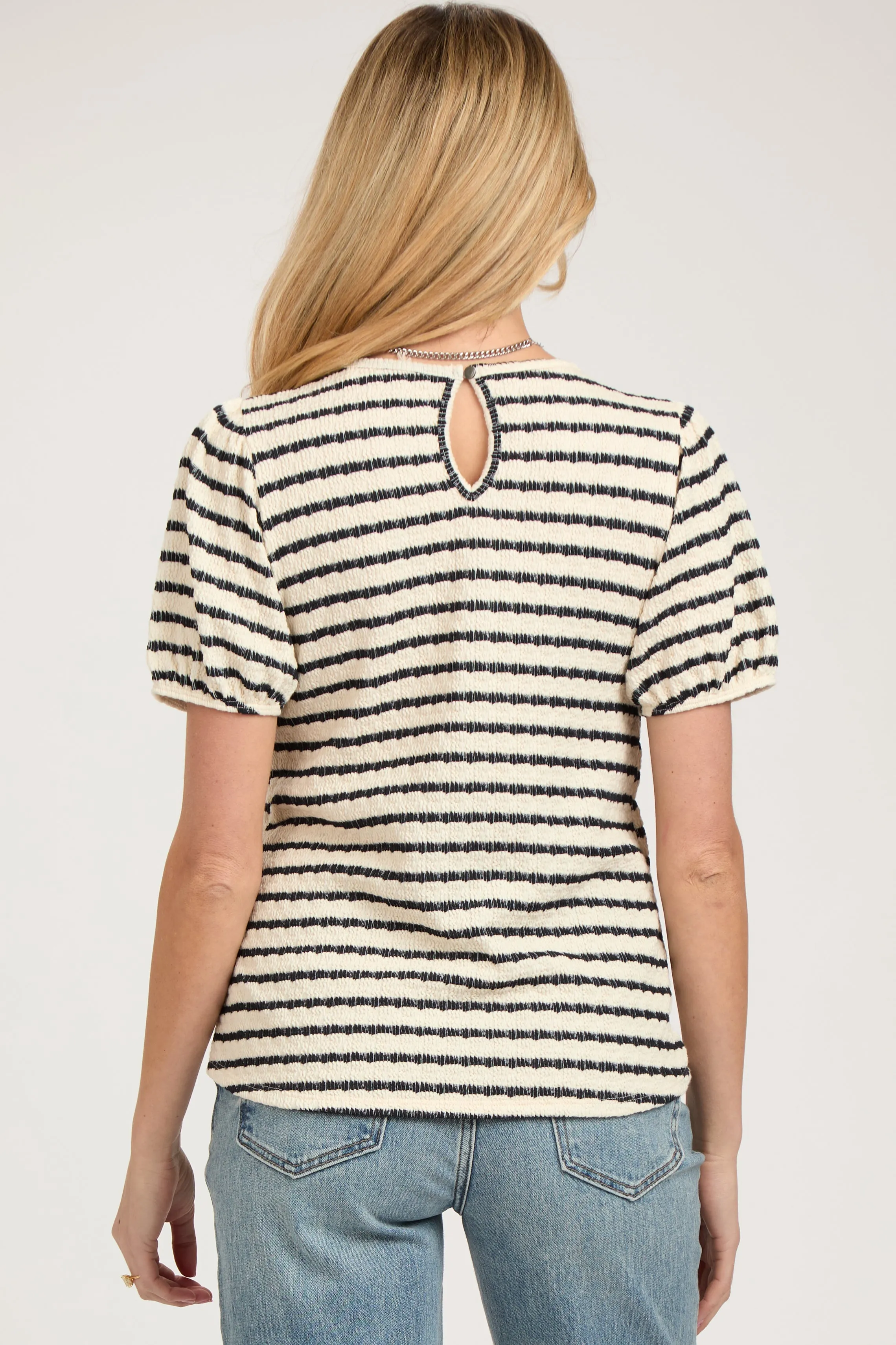 Black Striped Textured Puff Sleeve Maternity Top sold by Pinkblush product image thumbnail 3