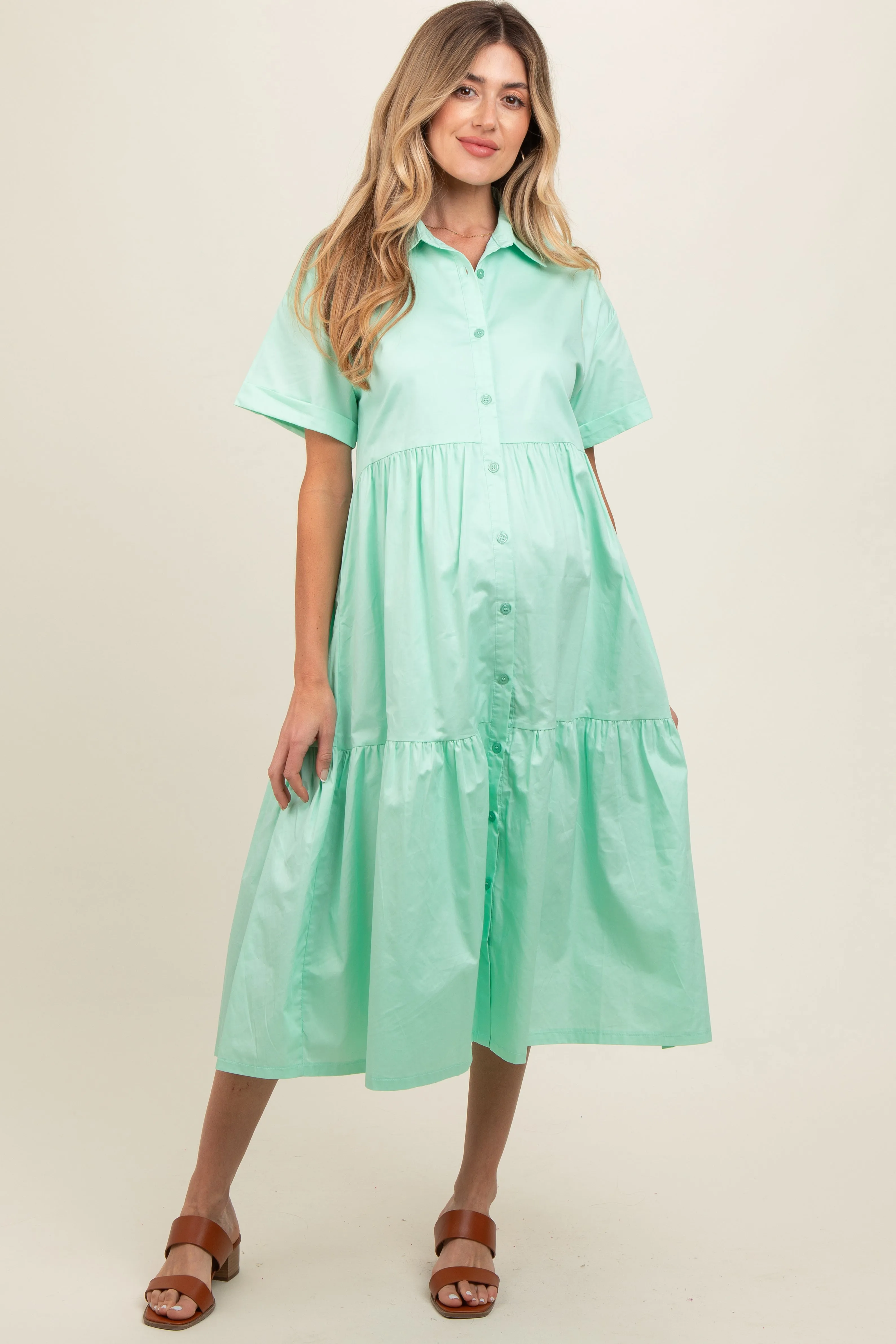 Mint Green Tiered Button Down Maternity Midi Dress sold by Pinkblush