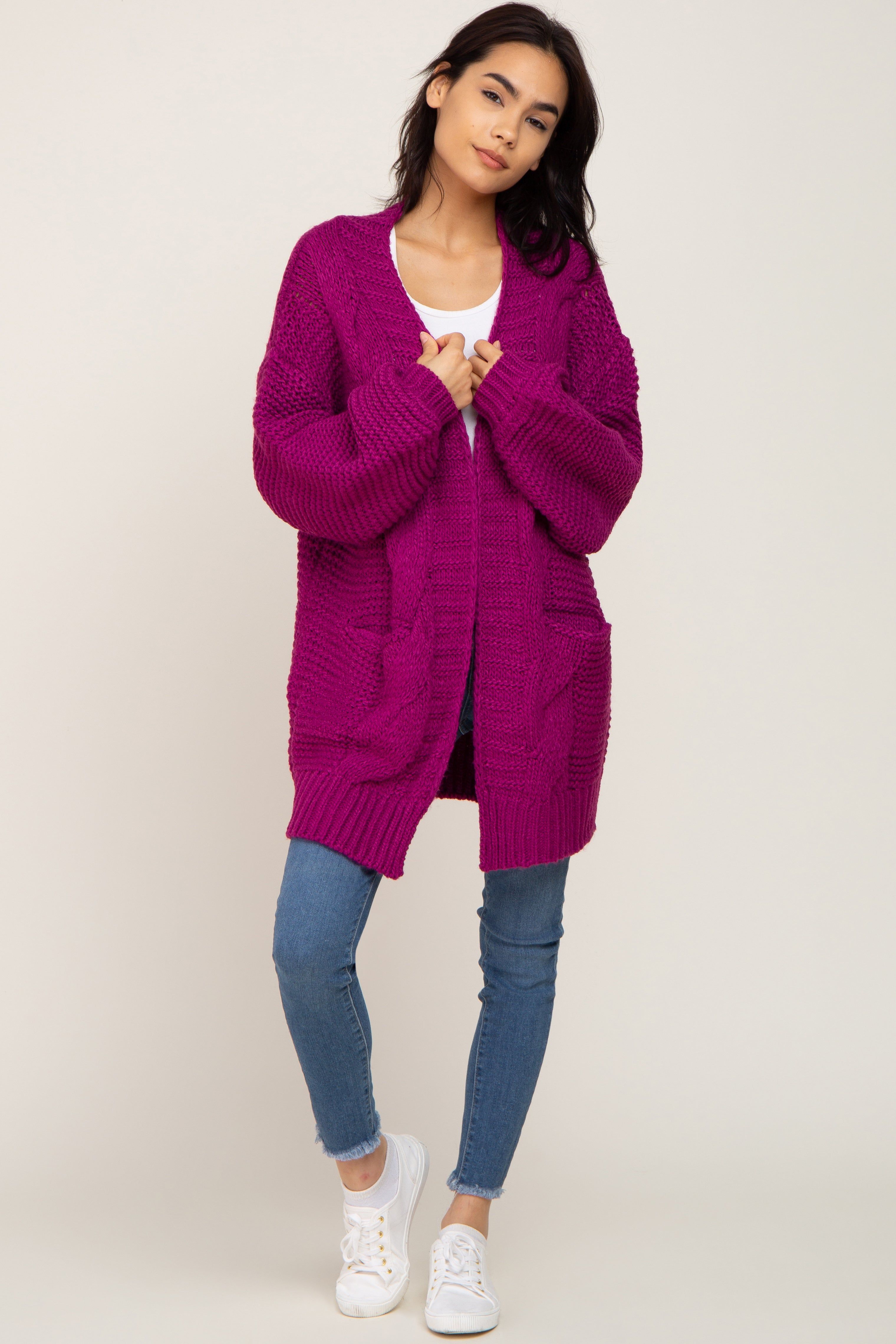 Magenta Cable Knit Front Pocket Cardigan sold by Pinkblush