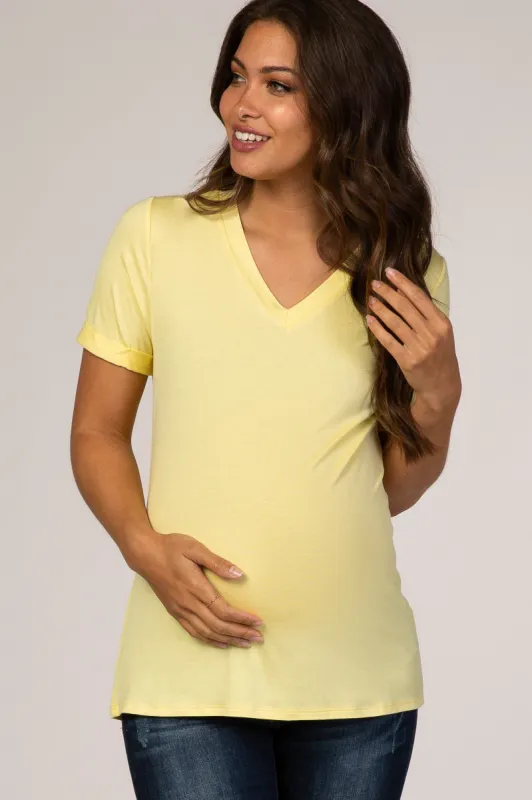 Yellow V-Neck Cuff Sleeve Maternity Top sold by Pinkblush