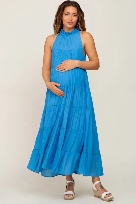 Blue Tiered High Neck Maternity Maxi Dress sold by Pinkblush