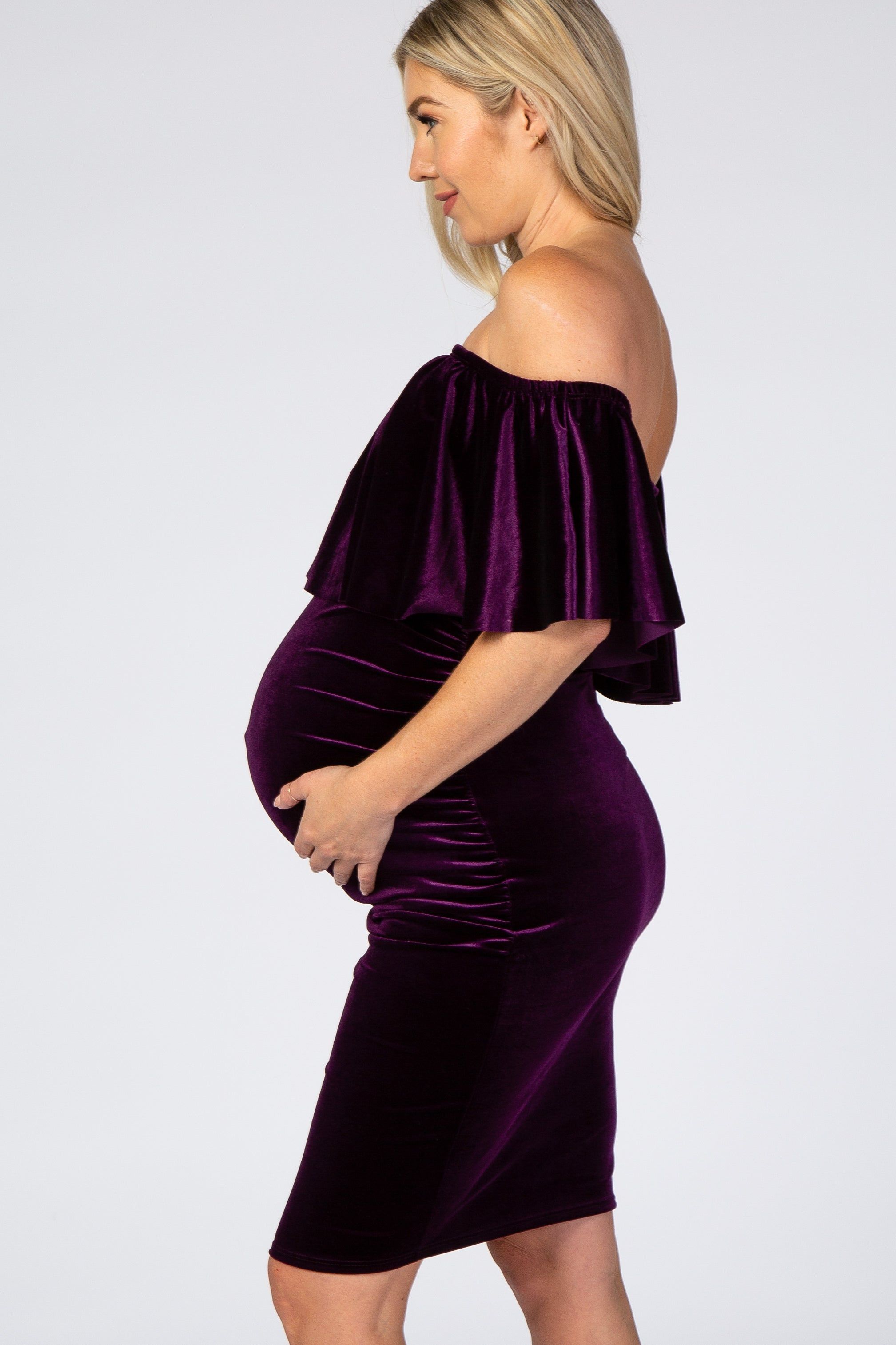 Purple Velvet Off Shoulder Fitted Maternity Dress sold by Pinkblush product image thumbnail 3
