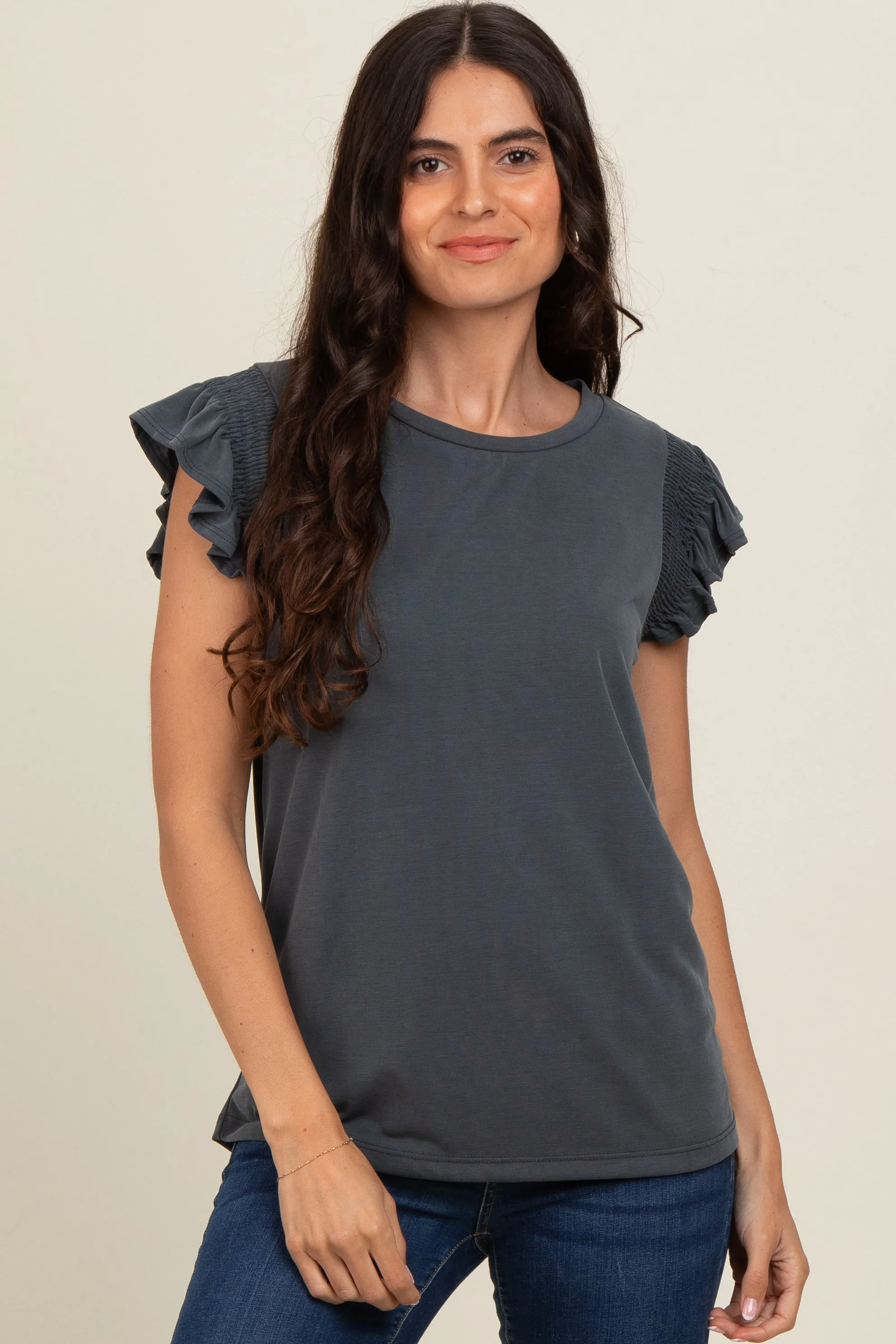 Charcoal Smocked Ruffle Sleeve Top sold by Pinkblush