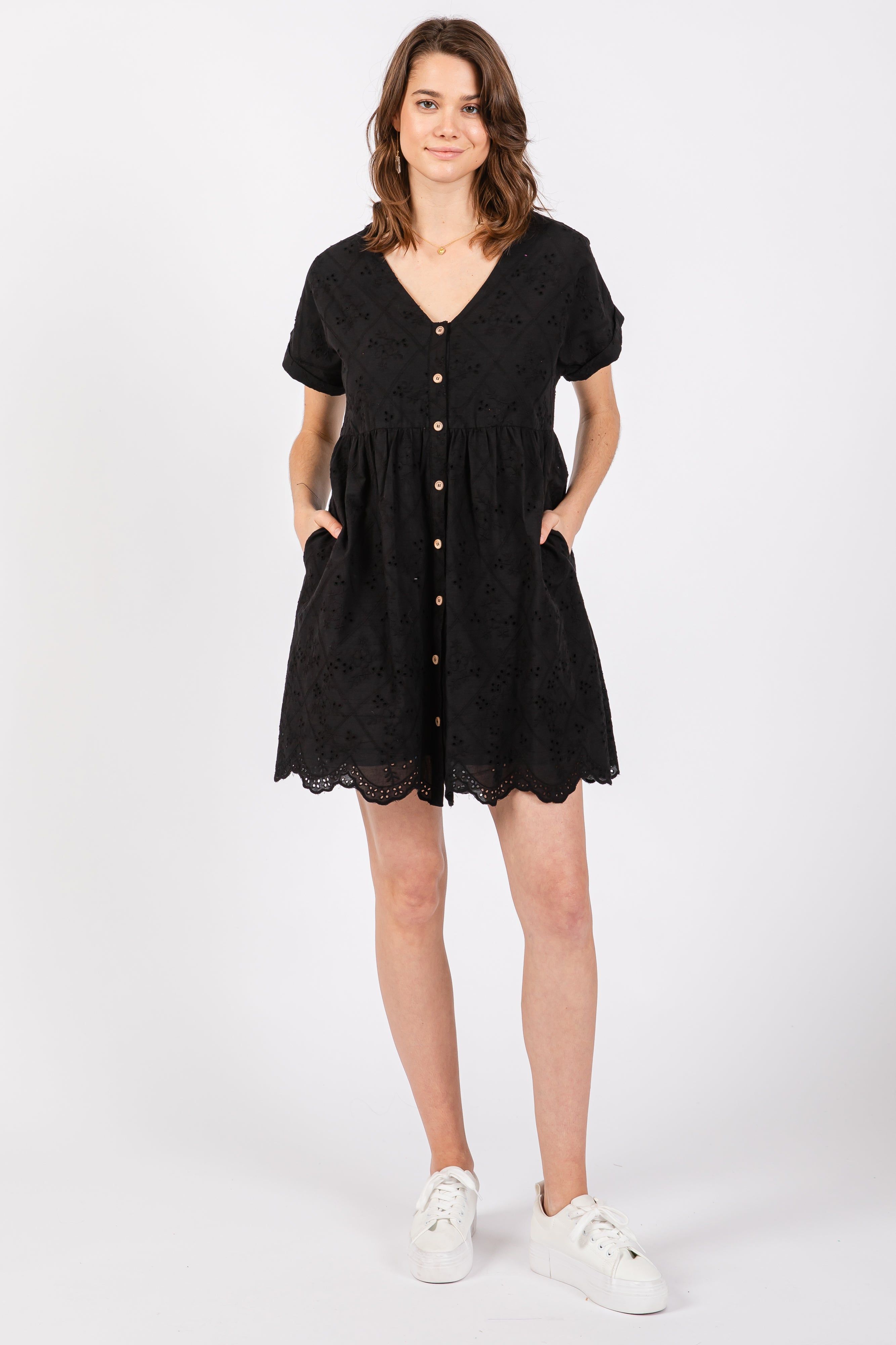 Black Eyelet Button Front Short Sleeve Dress sold by Pinkblush product image thumbnail 4