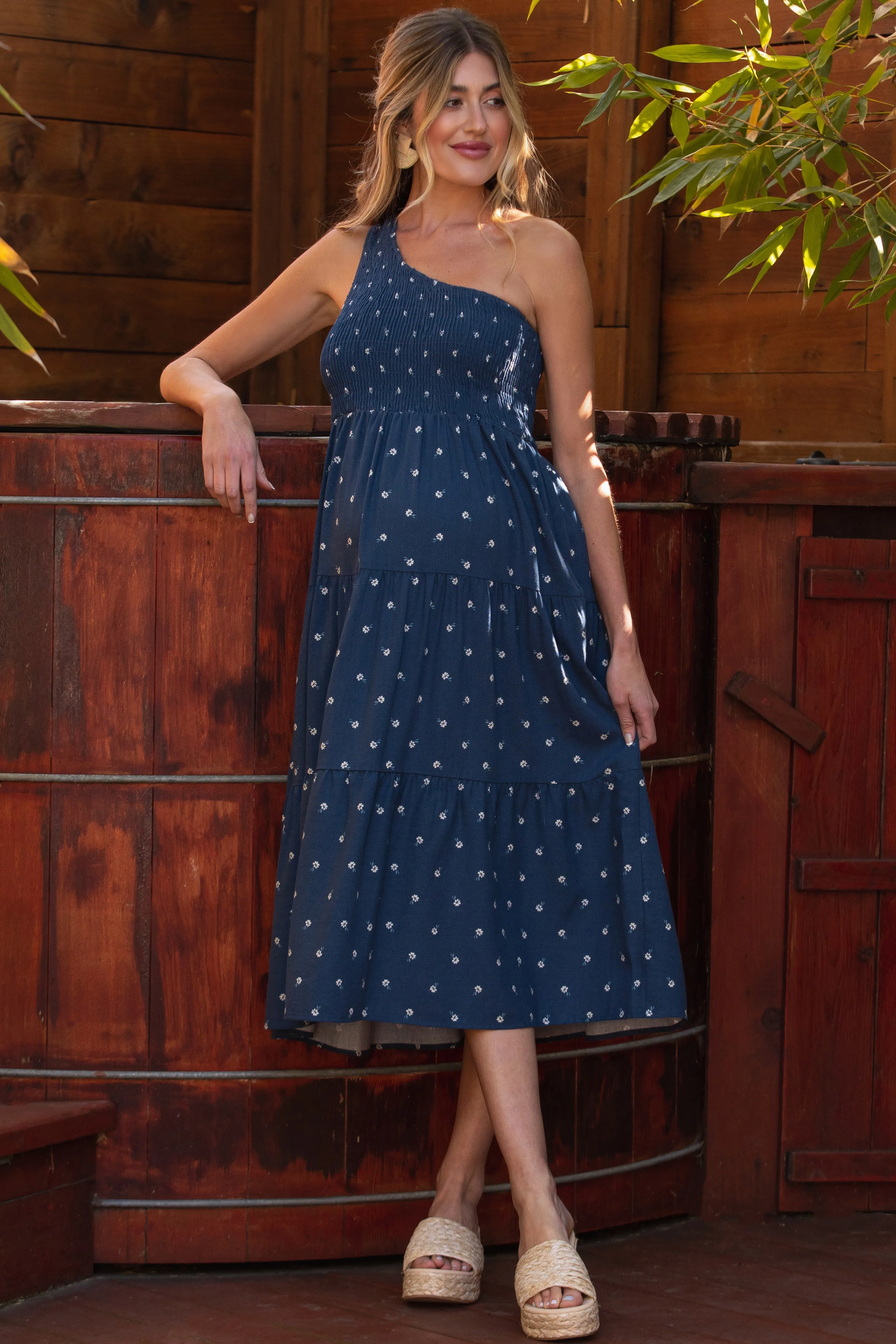 Navy Blue Floral Linen Smocked One Shoulder Tiered Maternity Midi Dress sold by Pinkblush product image thumbnail 5