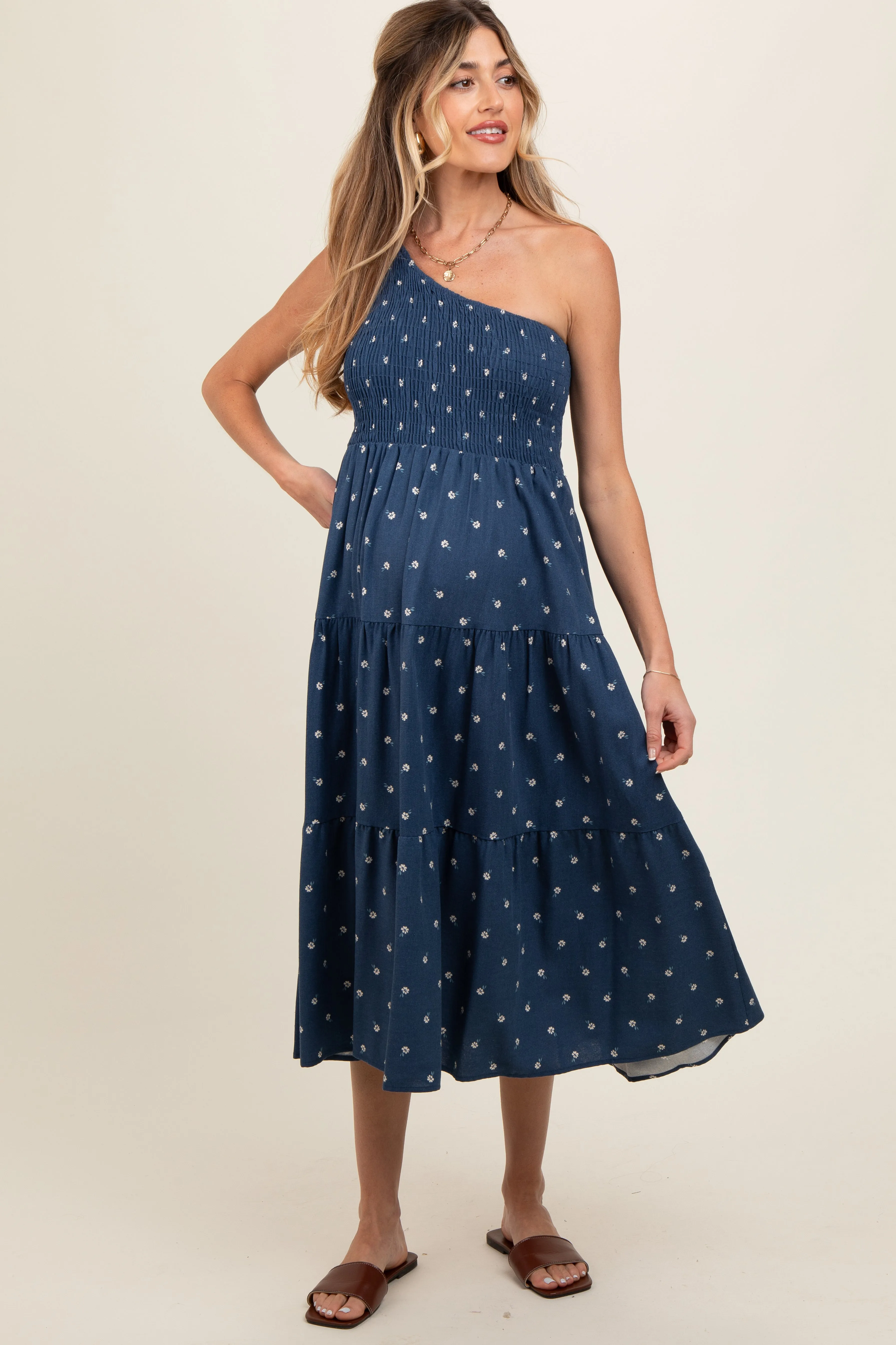 Navy Blue Floral Linen Smocked One Shoulder Tiered Maternity Midi Dress sold by Pinkblush product image thumbnail 2