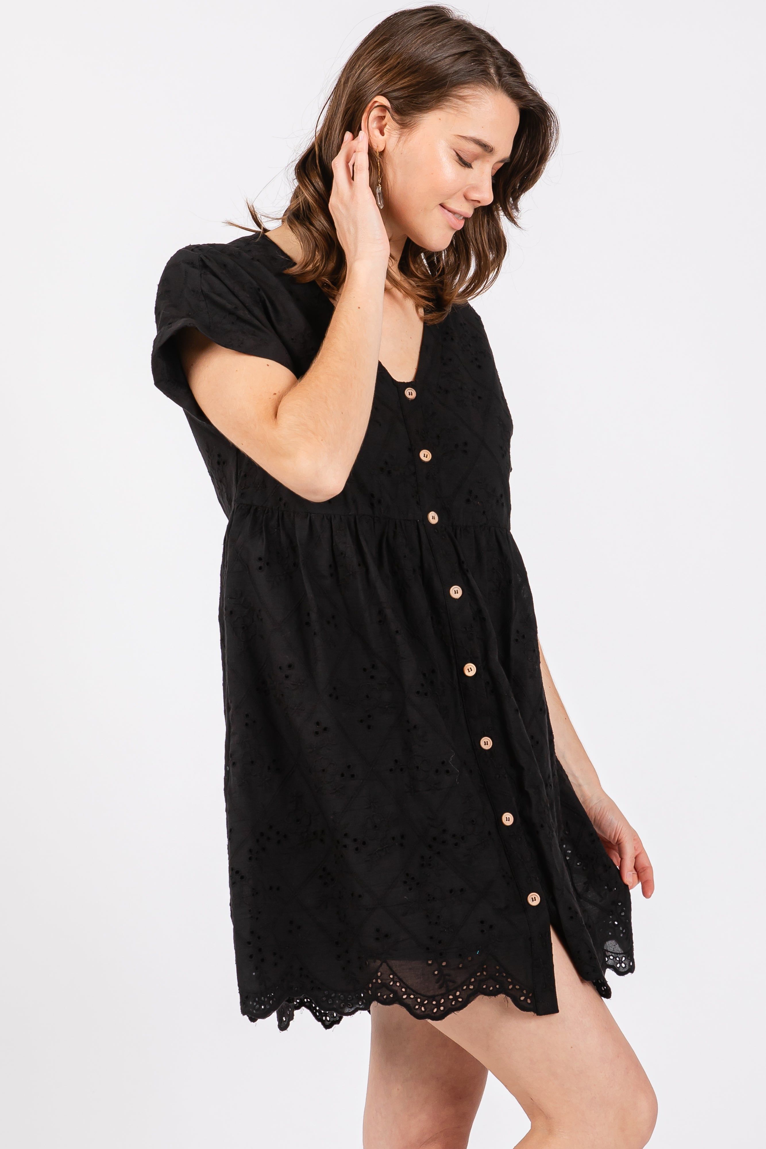 Black Eyelet Button Front Short Sleeve Dress sold by Pinkblush product image thumbnail 2