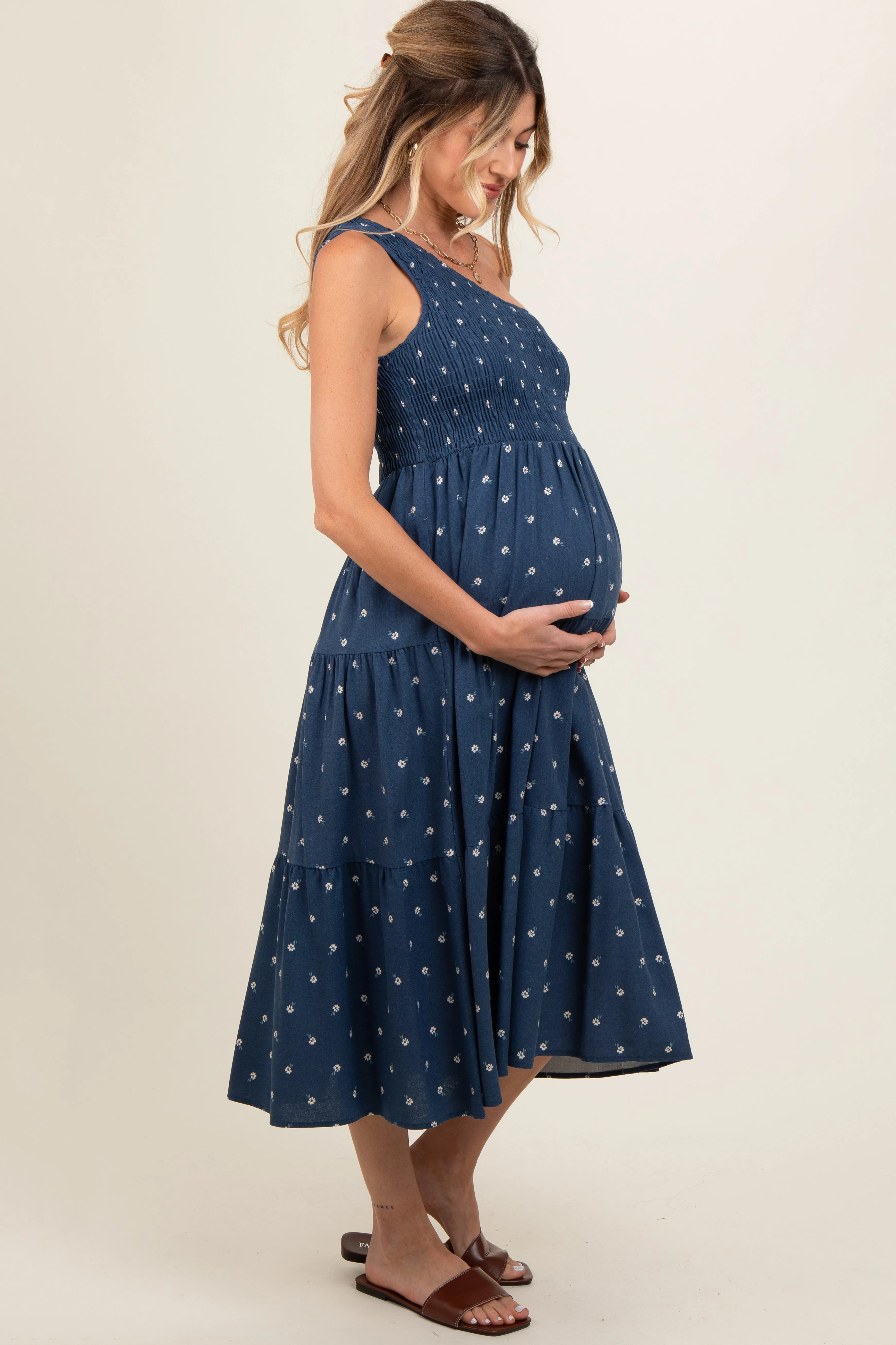 Navy Blue Floral Linen Smocked One Shoulder Tiered Maternity Midi Dress sold by Pinkblush product image thumbnail 3
