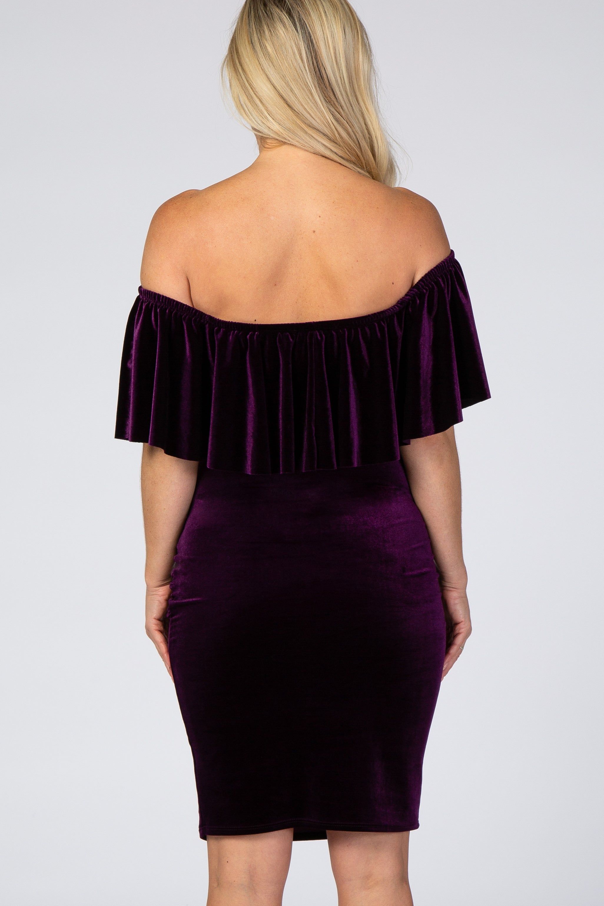 Purple Velvet Off Shoulder Fitted Maternity Dress sold by Pinkblush product image thumbnail 4