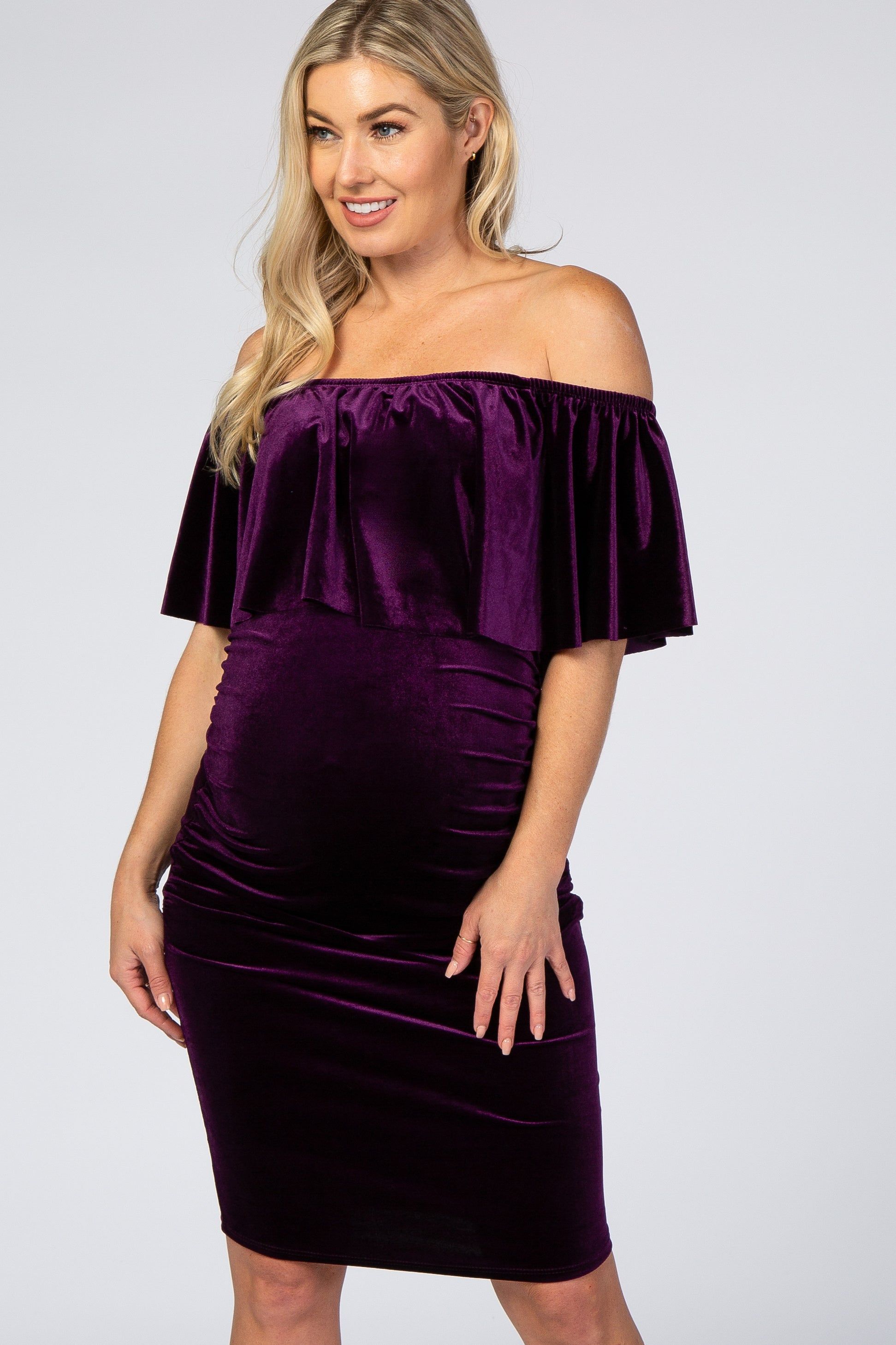 Purple Velvet Off Shoulder Fitted Maternity Dress sold by Pinkblush product image thumbnail 2