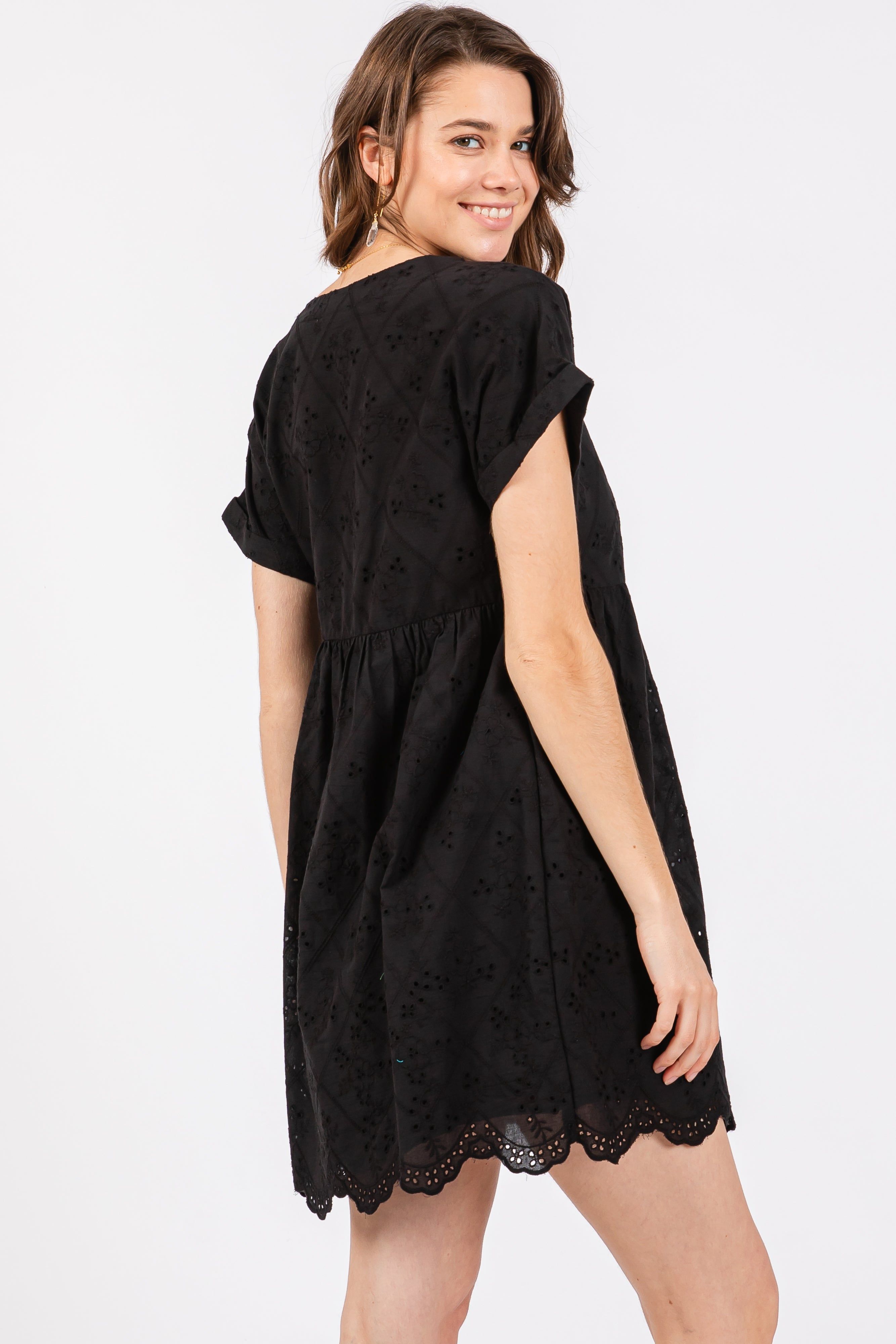 Black Eyelet Button Front Short Sleeve Dress sold by Pinkblush product image thumbnail 3