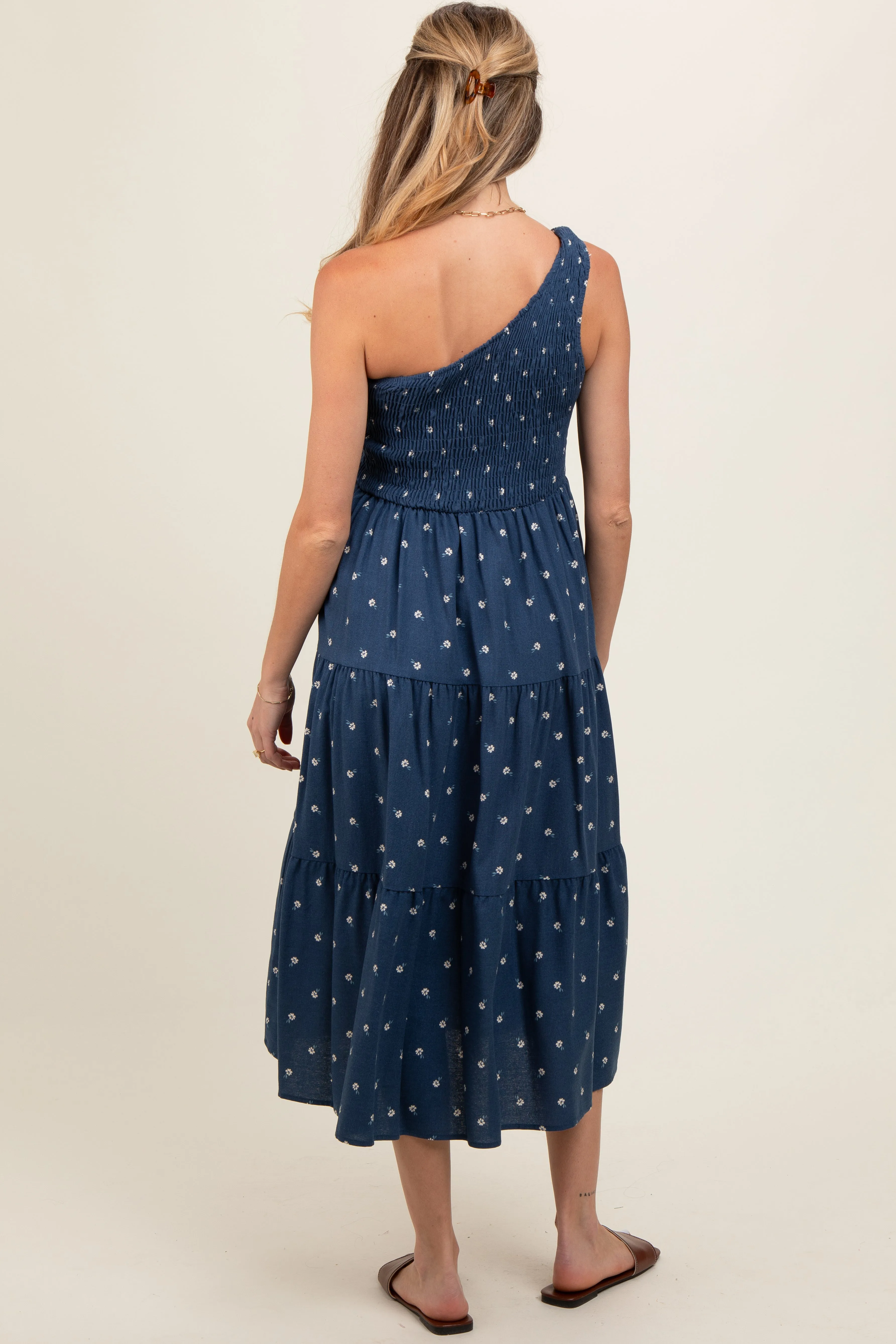 Navy Blue Floral Linen Smocked One Shoulder Tiered Maternity Midi Dress sold by Pinkblush product image thumbnail 4